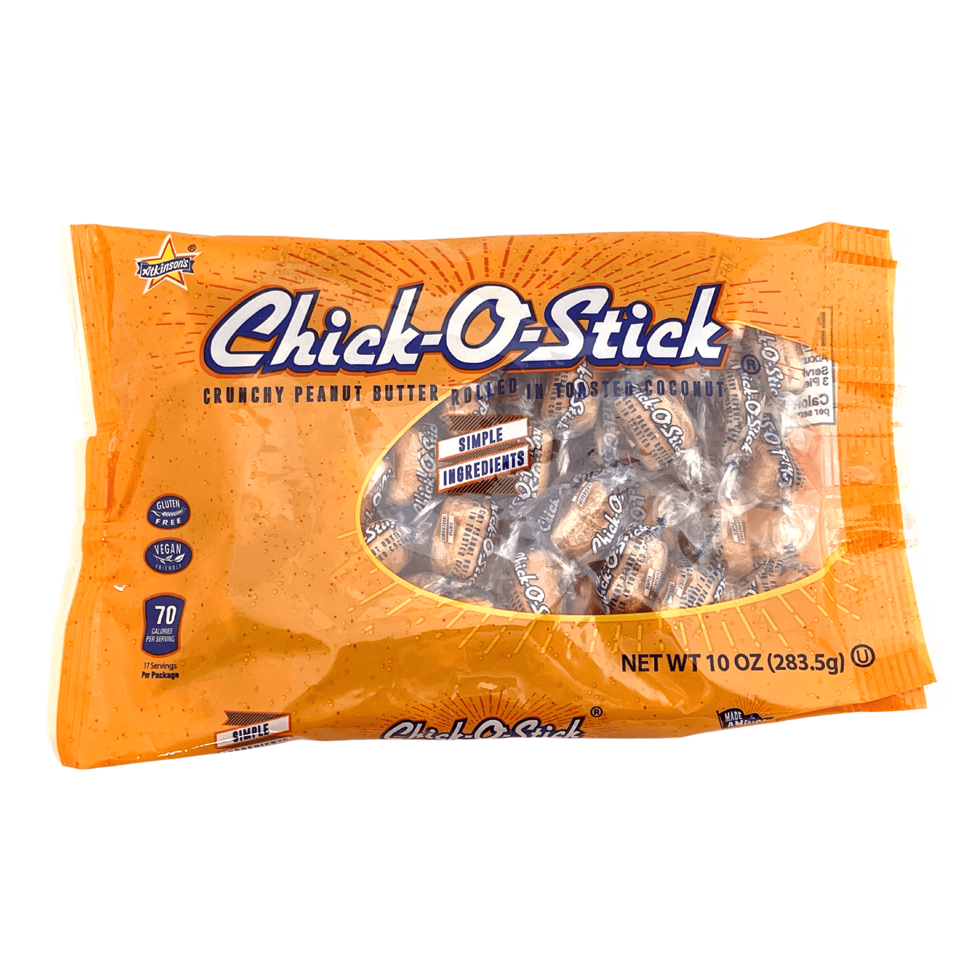 Indulge in the nostalgic delight of Chick-O-Stick Peanut Butter & Toasted Coconut Hard Candy Minis! This 10 oz treat offers a perfect blend of creamy peanut butter and sweet toasted coconut, creating a crunchy, satisfying bite. Whether enjoyed as a snack or shared with friends, this classic candy delivers a burst of irresistible flavor in every piece. Satisfy your sweet cravings with Chick-O-Stick today! Regular size peg bag.