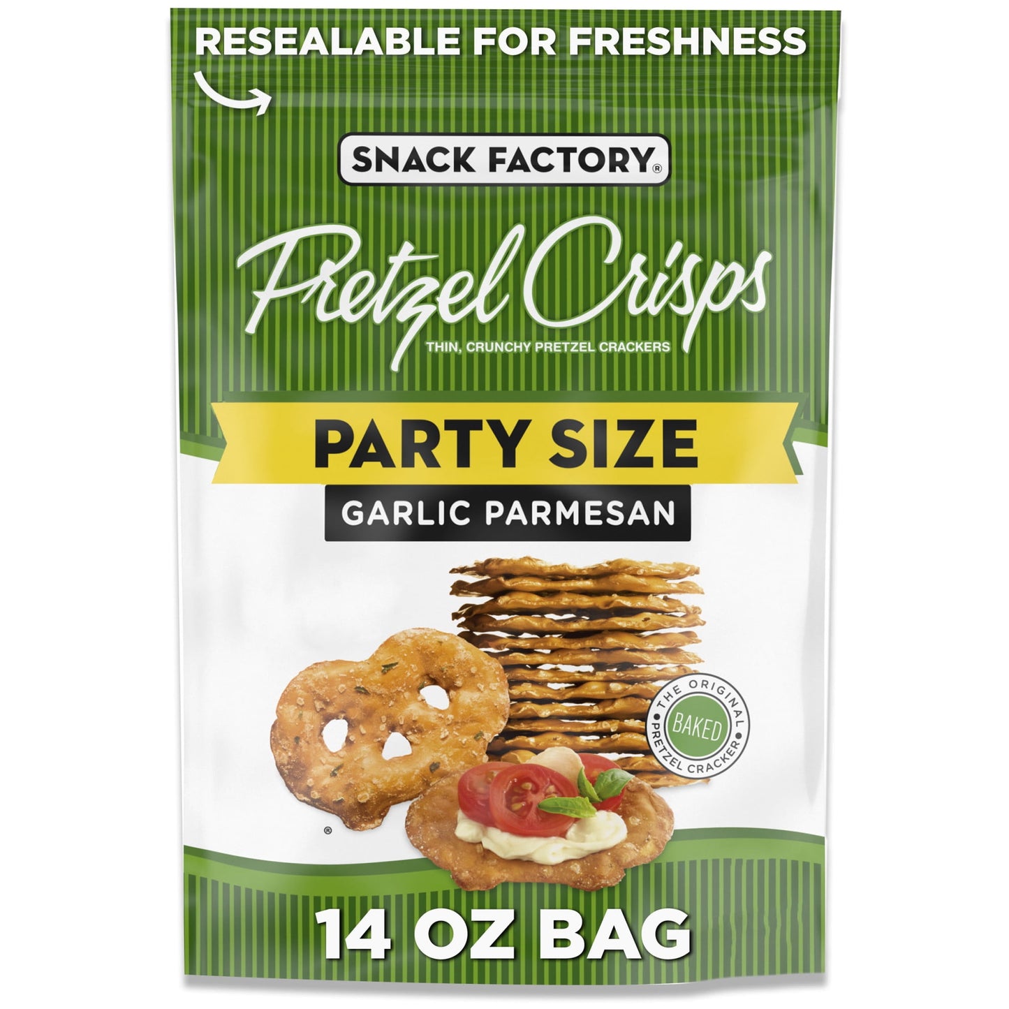 Dip or no dip, Snack Factory Garlic Parmesan Pretzel Crisps are flat-out delicious. Our Garlic Parmesan Pretzel Crisps are just like our Original Pretzel Crisps but all fancied up with savory garlic and zingy Parmesan for big flavor in a crunchy snack. A modern, gourmet twist on an old favorite, these thin and crunchy pretzel chips give you the best part of traditional pretzels without the doughy center. They’re perfectly seasoned and baked just right for a hearty, satisfying crunch in a slim, sturdy shape 