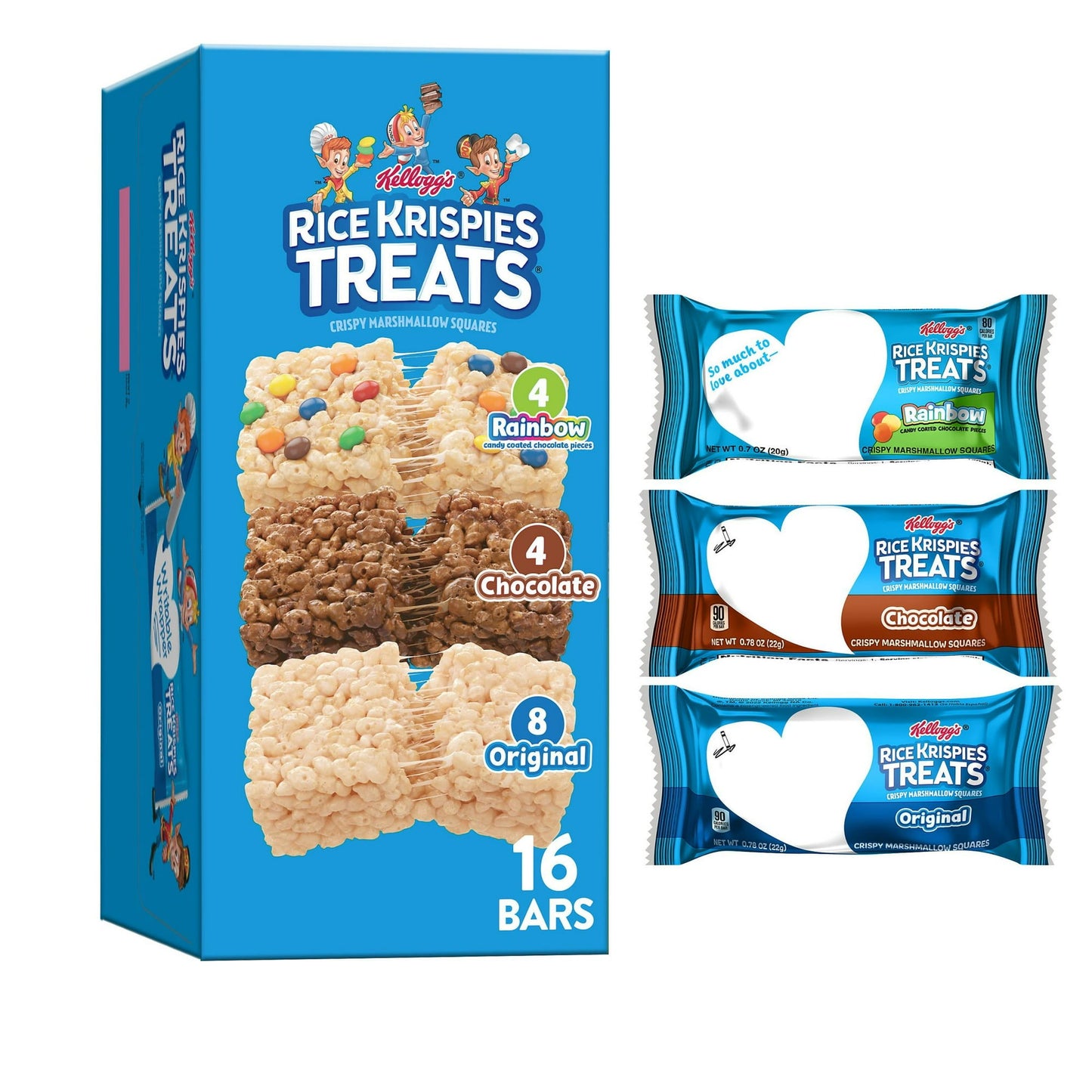 Enjoy the fun of everyday moments with the irresistible taste of Rice Krispies Treats crispy marshmallow squares. This variety pack includes Original, Chocolate, and Rainbow flavors. Create memorable moments with each and every delectable square that pulls apart to reveal ooey, gooey goodness. Made with crispy rice cereal and the taste of soft marshmallows, each bar is a delicious, ready-to-eat treat wherever you go; A classically delicious treat, these individually wrapped marshmallow bars are perfect for 