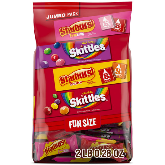 The only variety bag to chews! Four flavors of SKITTLES and STARBURST classics are all in one jumbo bag for you to enjoy! Stick your hand in this bulk bag of fun size individually wrapped packs of SKITTLES Original Chewy Candy, SKITTLES Wild Berry Chewy Candy, STARBURST Original, and STARBURST FaveReds Chewy Candy. Make celebrations extra sweet by filling your candy buffets, party favors, and piñatas with this chewy candy assortment. Guests will be smiling ear to ear thanks to the yummy fruit flavored goodn