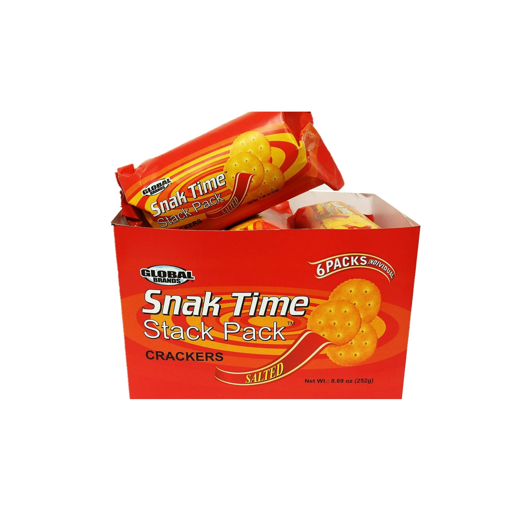 GLOBAL BRANDS best selling snack crackers now available in convenient 6pk sleeves! Available in Salted, Cheddar Cheese, and Vegetable variety. Packaged in colorful foil sleeves to keep product fresh.