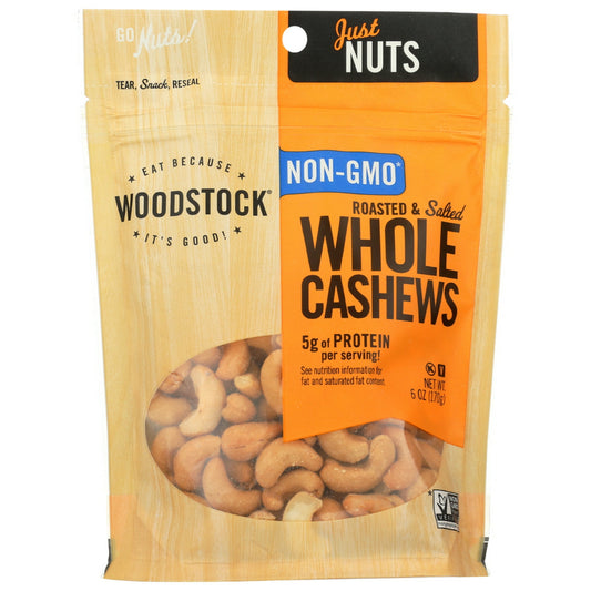 WOODSTOCK WHOLE, ROASTED & SALTED CASHEWS IN A 7 OZ. BAG ARE A NUTRITIOUS SNACK PACKED WITH 5 G. OF PROTEIN IN EACH SERVING. EAT OUR TASTY DRY ROASTED AND LIGHTLY SALTED NUTS RIGHT OUT OF THE BAG FOR A CONVENIENT VEGAN AND KOSHER SNACK. OUR ALL-NATURAL CASHEW NUTS ARE PRODUCED IN BRAZIL. SEE NUTRITION PANEL FOR ALLERGEN INFORMATION.