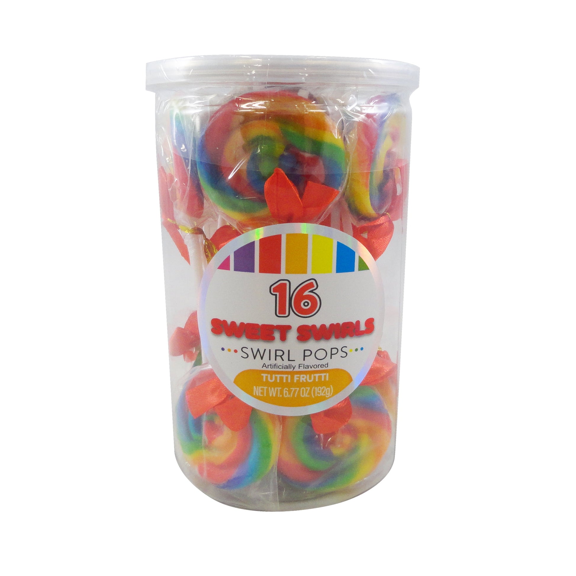 Hilco Sweet Swirls, Tutti Fruitt Swirl Lollipops, 16 Count, Tub are a perfect addition to your next birthday party, Galentine's Day soiree, or hostess gift bag or basket. These cute candies have a sweet flavoring that is reminiscent of lazy summer days and bike rides to the five and dime store. The rainbow swirled pop reminds you the classic candy store look and feel from decades past. You can smell the nostalgia! Add these perfect rainbow pops to your next fruit and candy basket for a personalized birthday