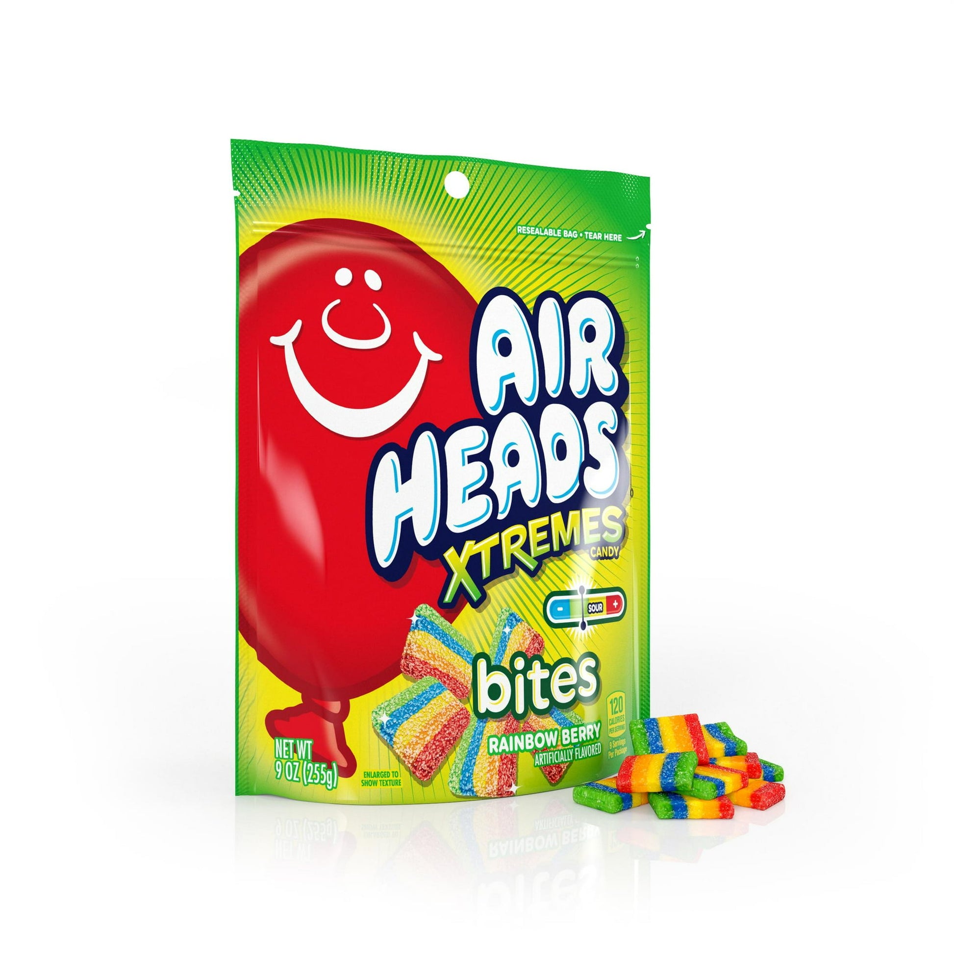 Take your taste buds to the next level with Airheads Xtremes Bites Rainbow Berry candy! This 9 ounce resealable bag of Airheads Xtremes Bites packs a flavor punch. These deliciously soft rainbow candies take your taste buds to the next level with every bite. Enjoy the same intensely fruity, chewy flavor of Airheads Xtremes belts in a smaller, shareable bite. Airheads Xtremes Bites are playfully tart. Grab this sweet snack that is tree nut and peanut free. Nut Free. Condition: New.