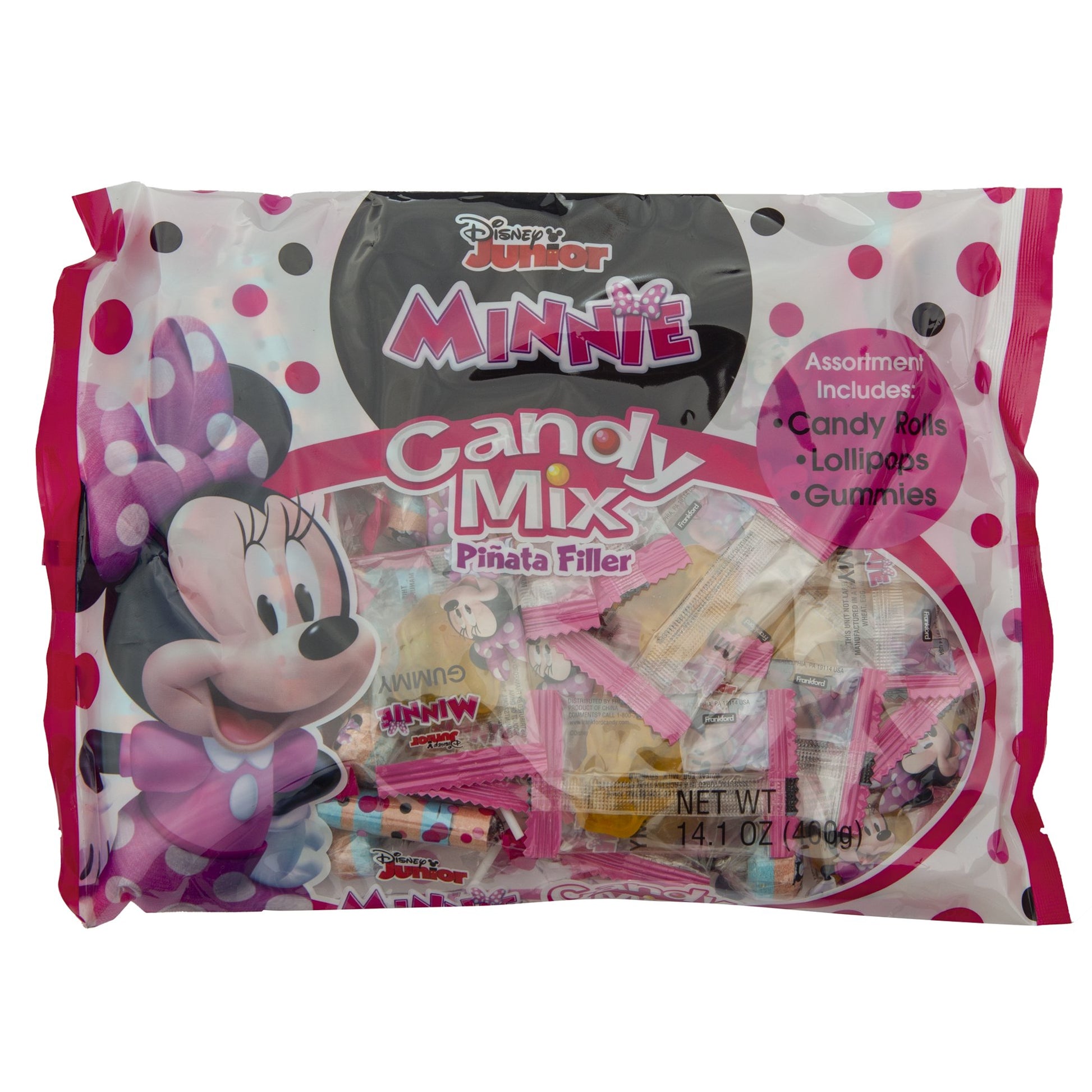 The Frankford Disney Minnie Mouse Candy Mix Piñata filler is an easy way to fill your favorite Minnie themed party piñata. The candy mix contains candy rolls, lollipops and character shaped gummy candy. All of the candy wrappers depict Minnie so it just adds to the Minnie theme and party fun. Candy can be used in a piñata, in a candy dish or to fill party loot bags.