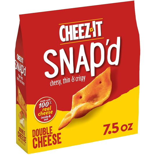 Big cheese taste inside and out, Cheez-It Snap’d Double Cheese cheese cracker chips are super thin and loaded with big double cheese flavor. Made with 100% real cheese inside and out, Cheez-It Snap'd snacks are a crowd-favorite. Snap'd snacks are delightfully thin with a crispy snap for extra crunch in every bite; Perfect for celebrating at games, adding to party spreads, pairing with sandwiches, and curing late-night savory cravings. Pack your Snap'd snacks in school lunches or as an extra snack on-the-go.