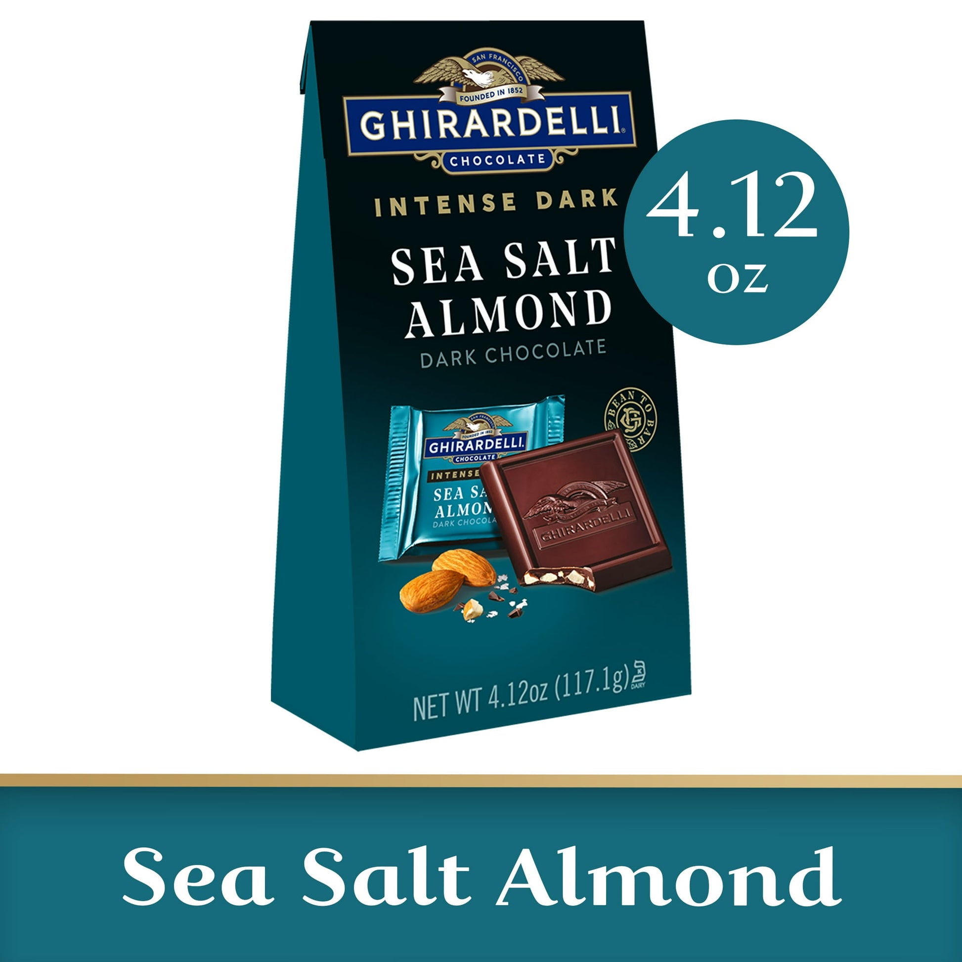 Each intensely delicious square of GHIRARDELLI Intense Dark Sea Salt Almond Chocolate caters to your senses. Indulge in the rich chocolate intensity after dinner, or serve GHIRARDELLI Intense Dark chocolate squares at your next gathering to create the ultimate moment of sheer delight for your guests. Savor the indulgent taste of the finest cacao beans skillfully blended to create intensely delicious dark chocolate with roasted almonds and sea salt for an irresistible combination of salty and sweet, creating