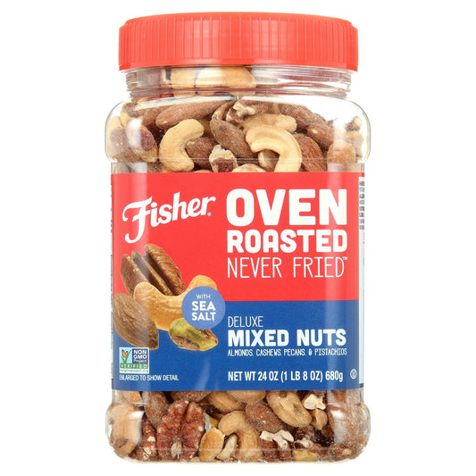 Why is oven roasted better? Unlike some other nuts, Fisher Snack Oven Roasted Never Fried, Non-GMO, Deluxe Mixed Nuts are never fried. All nuts have natural oils-so why fry them in even more oil? All we add is sea salt for a clean, fresh taste. We use only the highest quality nuts - a difference you can taste in bite after bite after bite. Fisher Snack Oven Roasted Never Fried, Non-GMO, Deluxe Mixed Nuts in a 24 ounce resealable jar are packed with wholesome goodness, rich flavor and that signature crunch y