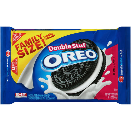 OREO Double Stuf Chocolate Sandwich Cookies have been America's favorite cookie for over 100 years. Stuffed with twice the OREO creme, these baked, crumbly and creamy chocolate sandwich cookies are supremely dunkable. Double Stuf OREO cookies are great sweet snacks for sharing or enjoying with cold milk. The resealable package with easy-pull tab keeps chocolate cookies fresh and is perfect for snacking or traveling.