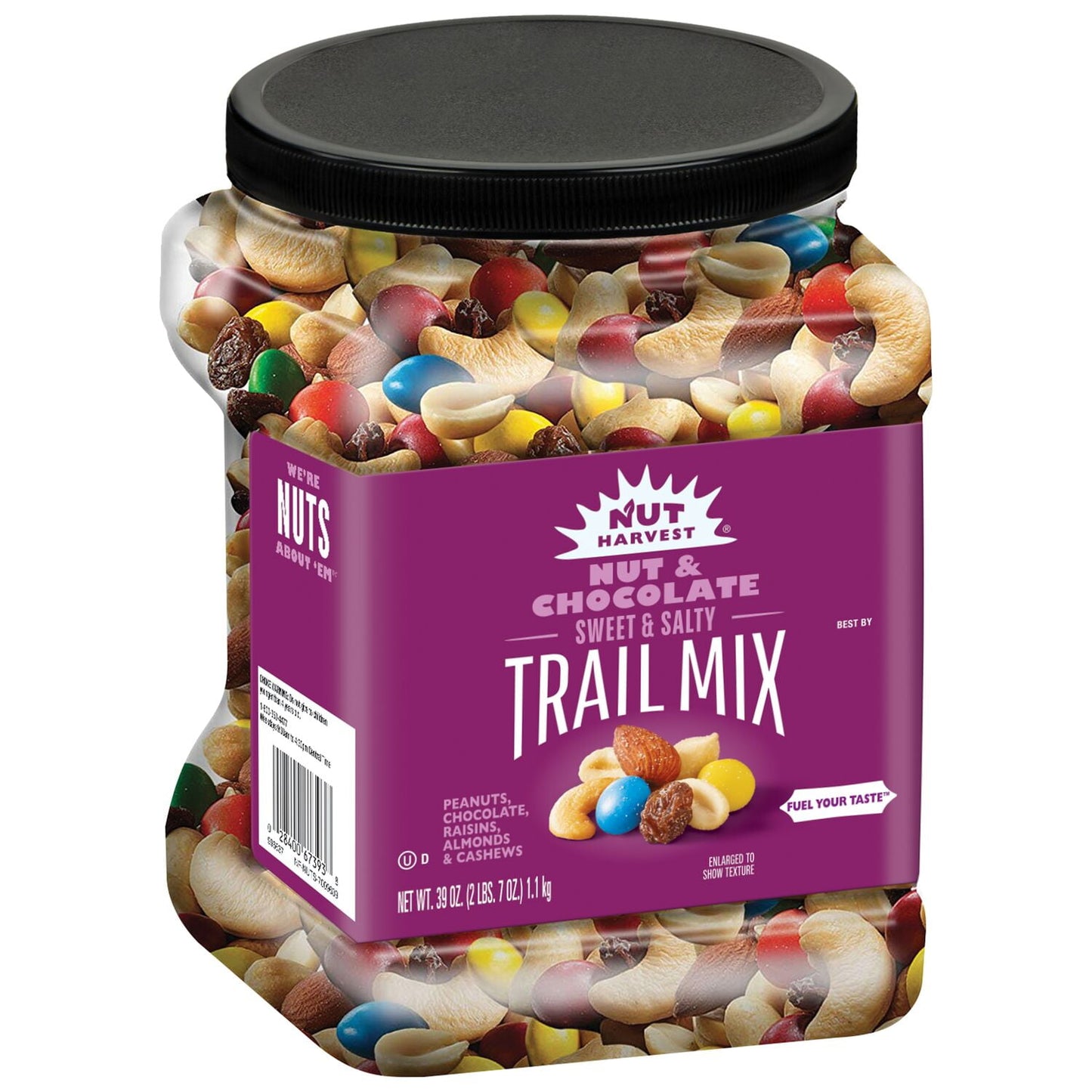 Nut Harvest Nut & Chocolate Trail Mix with Milk Chocolate, Almonds, Cashews, Peanuts, and Raisins, 39 Ounce Jar. From summer barbecues to family gatherings to time spent relaxing at the end of a long day, Frito-Lay snacks are part of some of life's most memorable moments. And maybe even brightens some of the most mundane. Delightful Trail Mixes. Shelf-Stable. Frito-Lay family of brands. Nut Harvest Brand.