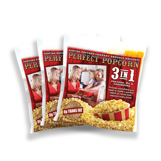 Our gourmet popcorn packs include everything you need in exactly the right proportions. Simply pour the contents of the pouch in the kettle, and in just minutes you have the best hot, fresh, buttery movie theater style popcorn imaginable. Our unique variety of corn is grown right here in the US. It pops up large and fluffy, with almost no unpopped kernels. Another secret is the use of pure healthy coconut oil. Coconut oil has the ability to pop the kernels quickly without burning, sticking to the kettle or 