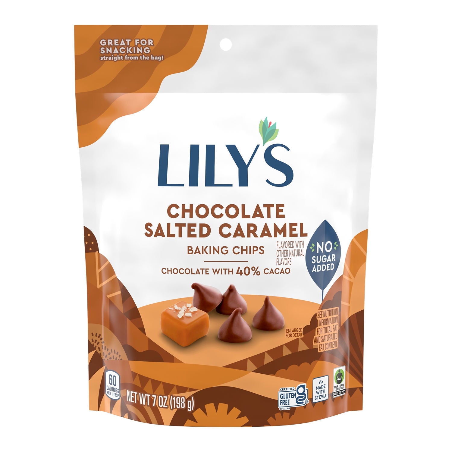 With a salty-sweet kick of flavor, these baking chips will provide any baking adventure with a refreshing new twist. LILY'S chocolate salted caramel flavored baking chips are made with your creations in mind. Use LILY'S baking chips even if you just want to treat yourself to a sweet for making it through the week. These baking chips come in a bag that is suited for most recipes and will add an unparalleled richness. Is there any better way to celebrate than with some homemade chocolatey goodness that is glu