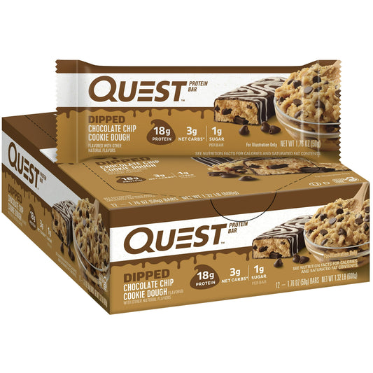 The QUEST DIPPED CHOCOLATE CHIP COOKIE DOUGH PROTEIN BAR tastes like a scoop of cookie dough fresh from the bowl. Only our version is packed with chocolate flavored chips, then dipped and topped with chocolatey drizzle, and has 17g protein 4g net carbs and 1g sugar per serving.* UNWRAP COMPLETE PROTEINS: Quest Dipped Chocolate Chip Cookie Dough Protein Bars are made with complete, dairy-based proteins. FIBER IS YOUR FRIEND: Each Quest Dipped Chocolate Chip Cookie Dough Protein Bar has 9g of fiber per servin