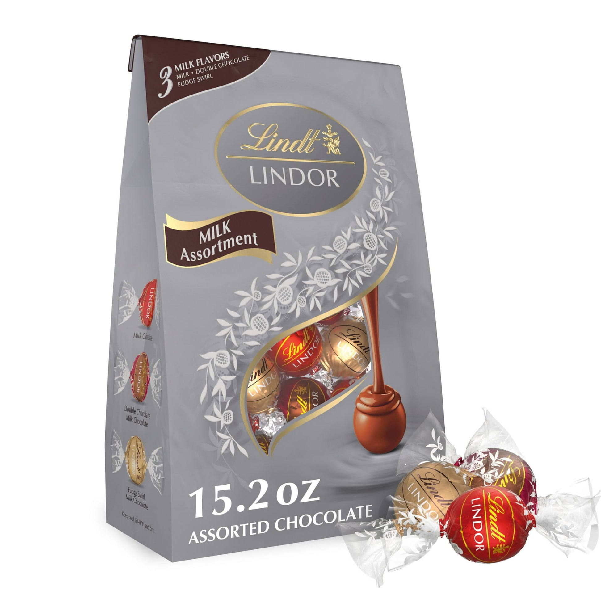 Experience the most popular flavors of Lindt LINDOR Milk Assorted Chocolate Truffles in this classic three flavor chocolate assortment. The luxury of Lindt LINDOR chocolate truffles makes the perfect little indulgence for yourself, a chocolate candy gift to delight someone special or to simply share with friends and family. Each bag features Milk Chocolate Truffles, Double Chocolate Truffles and Fudge Swirl Chocolate Truffles, so there's something for everyone. Discover the LINDOR truffle. Smooth, melting, 