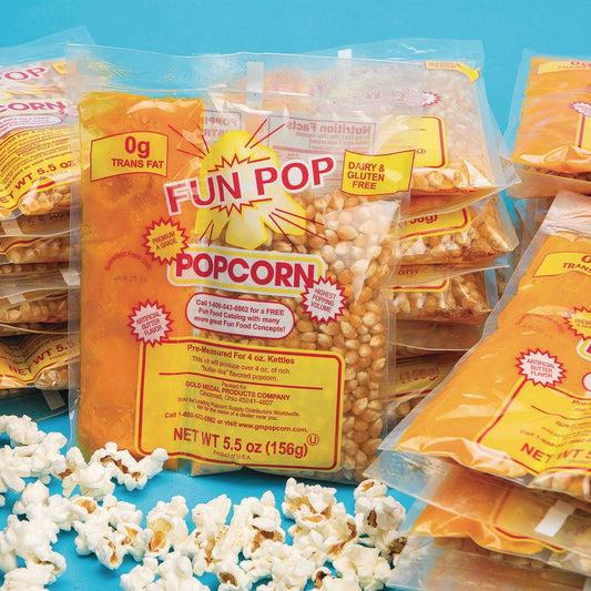 Everything you need to pop perfect popcorn in your 4-oz. Kettle popcorn maker! It's a triple play for convenient popping with all your corn, oil and salt pre-measured and ready to go in one neat little package, taking the guesswork out of preparation. Enough to make thirty-six 4-oz. kettles of popcorn.