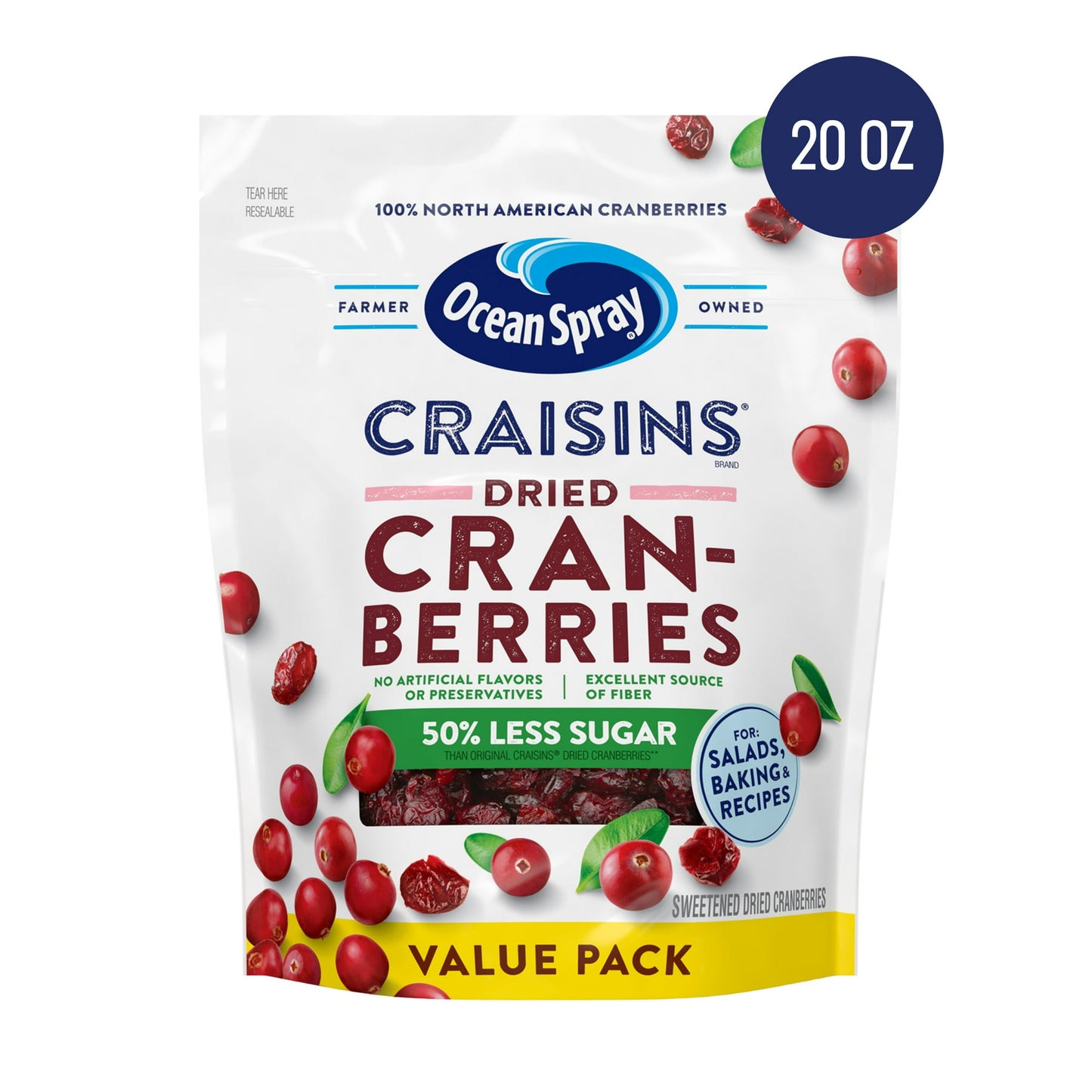 Mouth-watering flavor. 50% less sugar(1). Ocean Spray® Craisins® 50% Less Sugar Dried Cranberries. The cranberries you love, half the sugar(1) than the Original Craisins® Dried Cranberries. Enjoy the benefits of cranberry, even more. This cranberry dried fruit product is great for snacking, with only 100 calories per serving. An easy way to work in 25% of your daily recommended fruit needs(2). No artificial flavors or preservatives. Enjoy real, bold dried cranberries in every dried fruit pouch. Potent littl