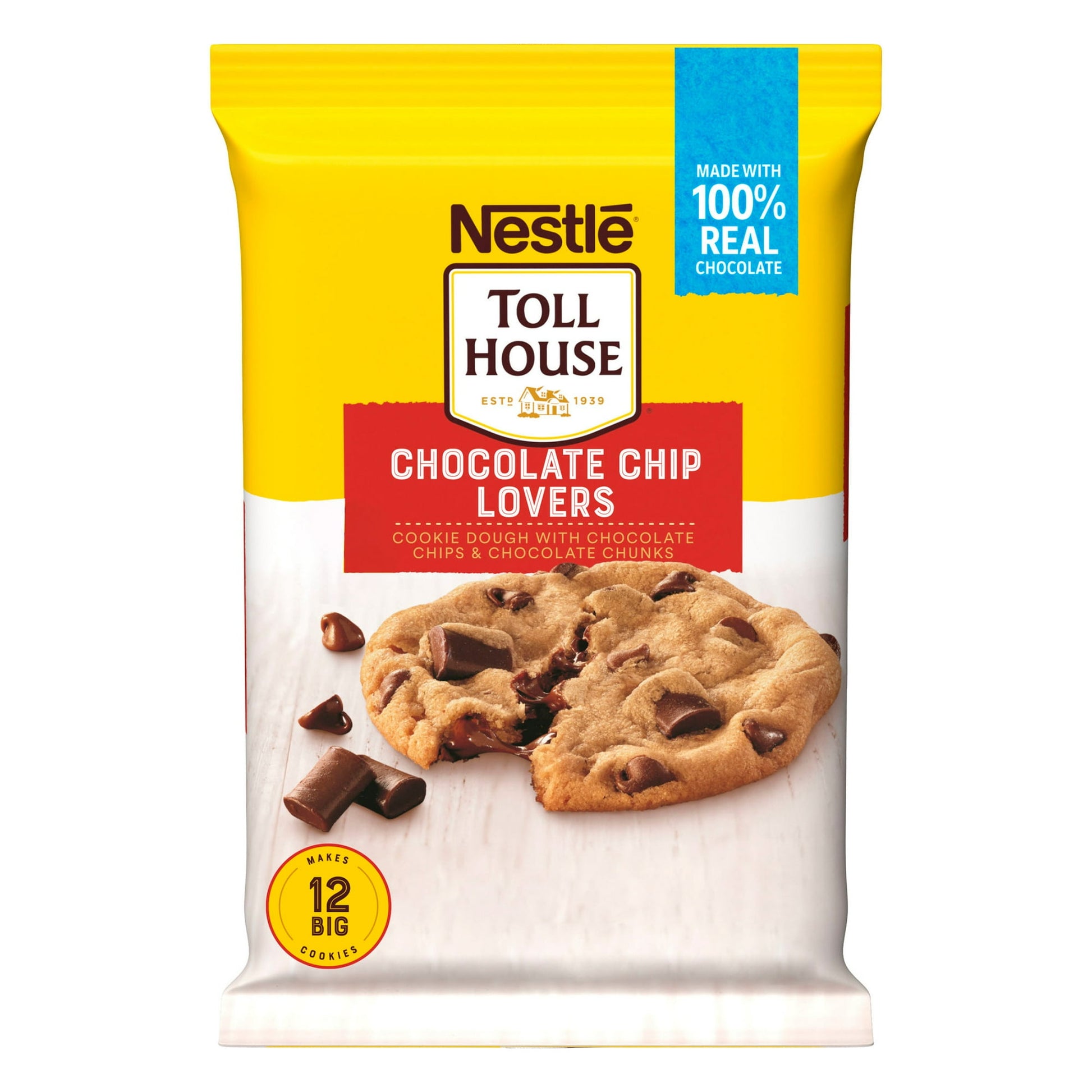 Nestle Toll House Chocolate Chip Lovers Cookie Dough is perfect for chocolate lovers. Milk chocolate morsels, semi sweet morsels, and semi sweet chunks team up to make a chocolate lover's dream come true. This indulgent refrigerated cookie dough is ready to break apart and bake so you can satisfy your sweet tooth in minutes. This refrigerated cookie dough makes 12 big chocolate loaded cookies which are great to eat as a snack, pack in a school lunch, or as an after-dinner dessert. This easy to bake chocolat