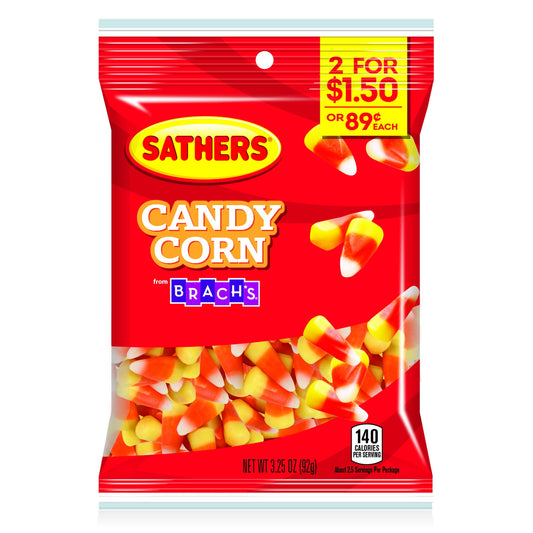 Sathers Candy Corn from Brach's brings you the sweet flavors of fall you know and love year round! Made with real honey, these kernel shaped candies will satisfy your sweet tooth at first bite. Keeping his customers that had to shelve their own purchases in mind, John Sather decided to poke a hole in his products. This little invention changed the candy industry forever. Thanks Mr. Sather for making our lives easier!