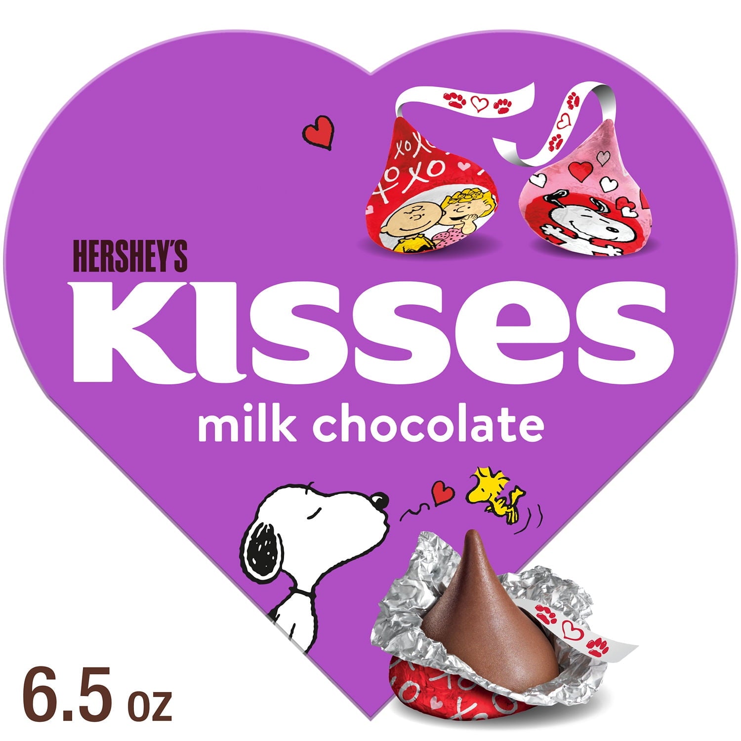 This HERSHEY'S KISSES milk chocolate candy featuring Snoopy™ and friends is the delicious treat you've always loved wrapped in fun Valentine's Day foils ready for gifting. Enjoy the taste of smooth, creamy bite size milk chocolate pieces anywhere and at any time. Filled with HERSHEY'S KISSES Valentine's Day candy dressed for the holiday in pink and red foils featuring Snoopy and friends, this heart shaped gift box of chocolates is the perfect gift for loved ones for a special way to show and celebrate your 