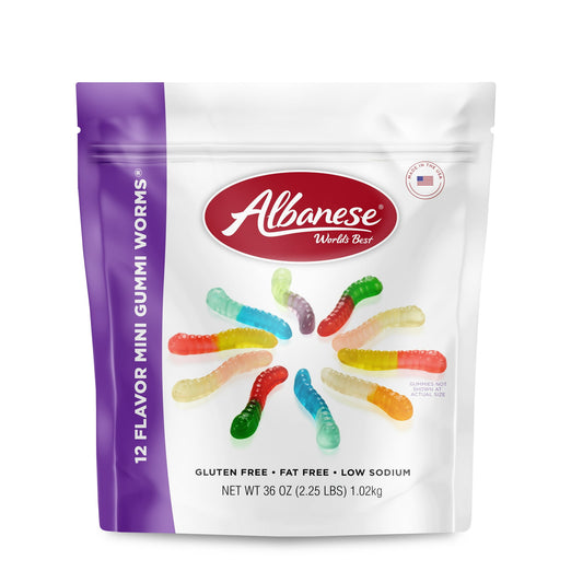 Satisfy your sweet tooth with Albanese 12 Flavor Mini Gummi Worms! These soft, chewy gummies come in 12 delicious fruit flavors like cherry, watermelon, and green apple. The 36oz resealable bag is perfect for keeping your gummies fresh, making it ideal for family snacking or sharing at parties. Enjoy the vibrant taste and fun shape of these high-quality, gluten-free gummies. Treat yourself to a burst of fruity goodness!