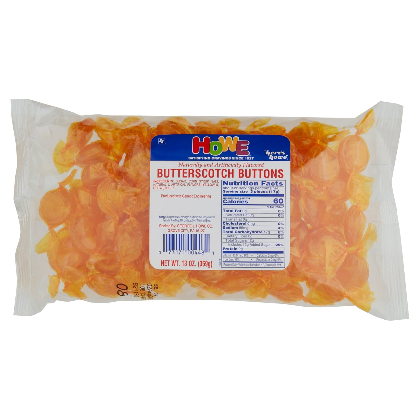 When your mouth is craving for a little flavor, not much beats popping in a buttery sweet Howe Butterscotch Button! It's the candy enjoyed by all ages, all year and at any time of day! Treat yourself to the unmistakable, creamy taste of butterscotch in this hard candy favorite! Each bag contains about 67 individually wrapped buttons!