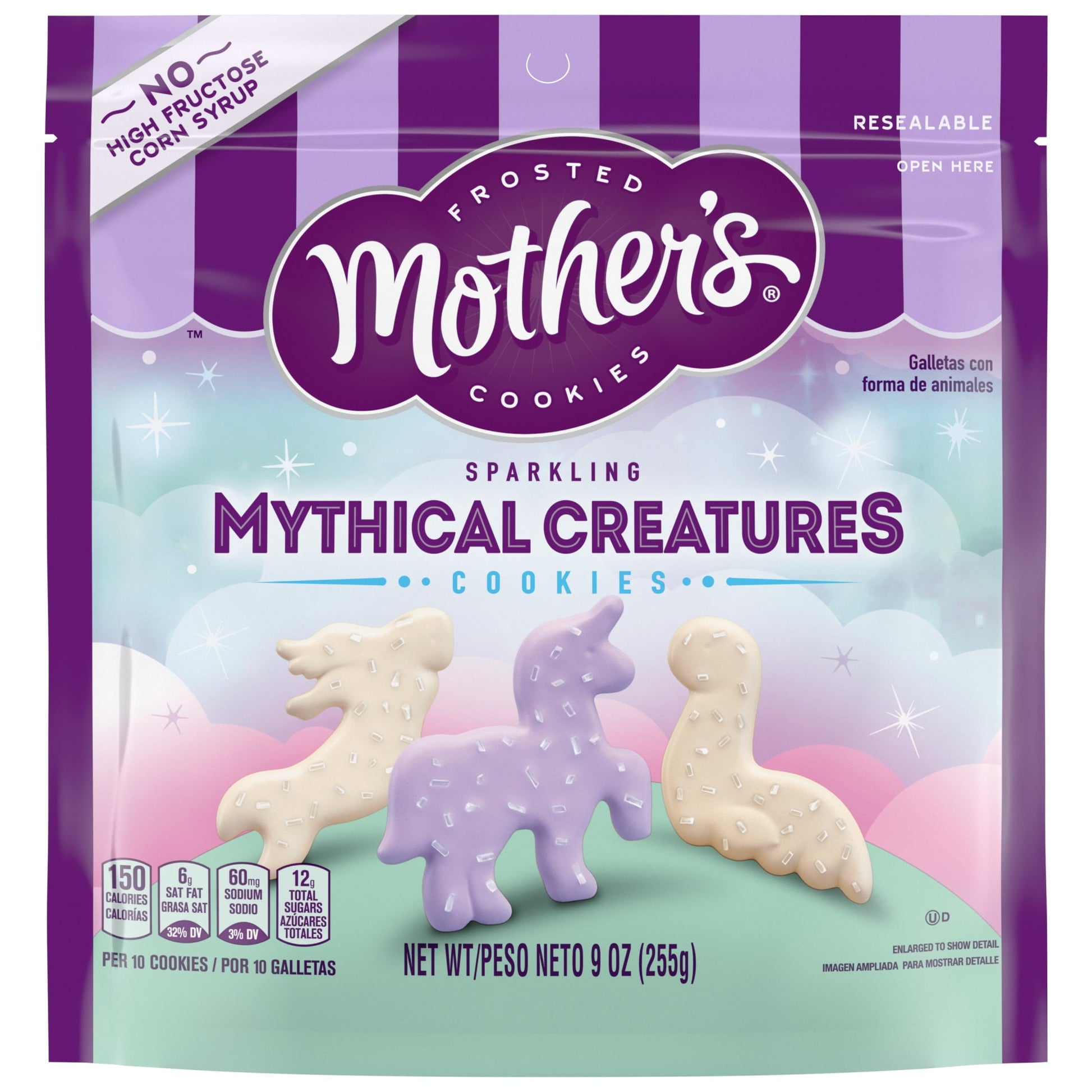 Spark imagination with every tasty creation! Stop And Taste The Frosting with Mother's Sparkling Mythical Creatures Cookies and unleash a mystical menagerie of creature-shaped snacks. Each bite-size shortbread cookie is fully frosted purple and white and topped with silver sugar sprinkles. The whimsical creature shapes take you on a mythical adventure with every delicious bite. The convenient resealable bag keeps these crunchy cookie snacks fresh, ready for everyday snacking, lunch box packing or to use as 