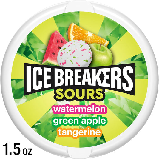 Goodbye bad breath, hello confident smile! Maintain fresh and fruity breath with ICE BREAKERS Sours mints. These sugar free mints are full of fruity deliciousness that will make you pucker in the best possible way. Delight your taste buds with green apple, tangerine and watermelon flavored mints. Plus, with a convenient tin, you can keep your taste buds busy no matter where the day takes you. Enjoy a crisp, smooth flavor with zero added sugar whenever you need a burst of freshness.