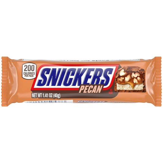 Just when you thought the satisfaction of SNICKERS couldn't get any better—give a warm welcome to our NEW SNICKERS Pecan Milk Chocolate Bars. This tasty treat is here to bring you sweet joy and comforting satisfaction with every delicious bite. Satisfaction is guaranteed with this comforting, buttery, and rich combination of pecans, caramel, and milk chocolate. Don’t keep all this nutty goodness to yourself! Share the heavenly combination of SNICKERS Pecan with your family and friends. Top off ice cream sun