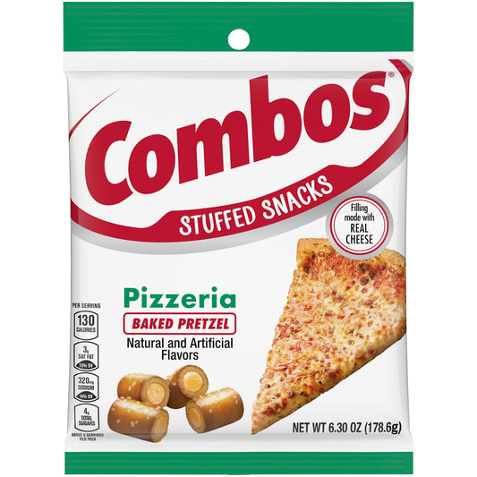 Get ready for one of the best combinations you've ever experienced: Combos Stuffed Snacks, Pizzeria Baked Pretzel Snacks and you. With filling made with real cheese and a crunchy, crispy baked pretzel, these rolled-up bites of heaven with tasty filling are a snack that you will love to eat. With all the flavor of scrumptious pizza in every bite, this 6.3-ounce bag will have you jumping for joy. Pack them in your lunch for work to portion out or take them along for the ride on your next road trip, and you wo