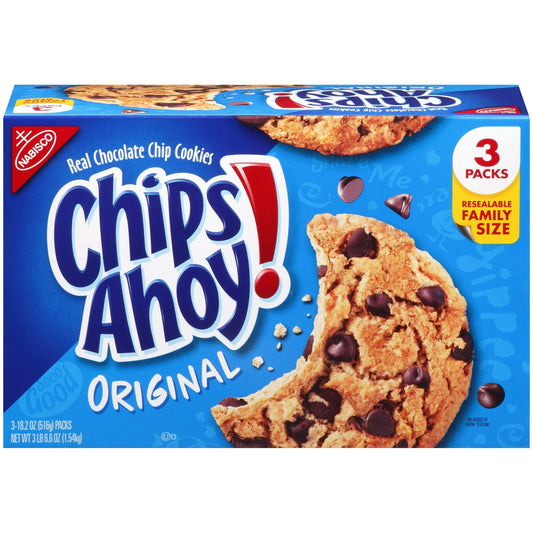 Unwrap a pack of Nabisco Chips Ahoy Cookies and sink your teeth into the crunchy, crumbly taste of these delicious chocolate chip cookies. These bite size cookies make a great midnight snack with a glass of milk, or even a good dessert snack for the school lunch you?re packing.