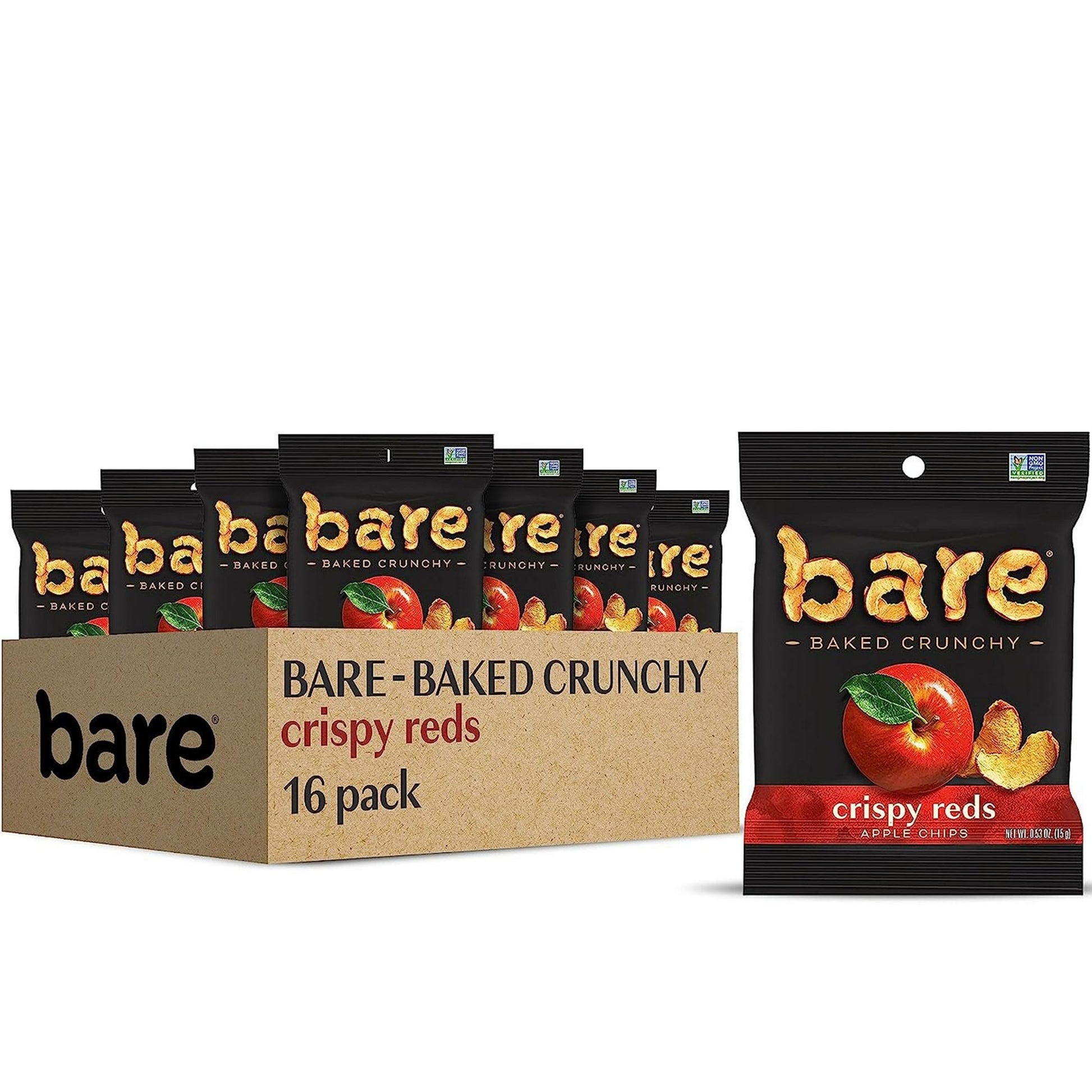 Bare Baked Crunchy Apple Chips are made from real fresh apples that are sliced, then slowly baked to a perfect crunch, with no added sugar and no preservatives. Unlike other dried fruit options, bare combines the goodness of fruit with the crunch of a chip, which makes them a portable, convenient, anytime snack that's truly satisfying. Bare Snacks makes crave-ably crunchy fruit and veggie chips that are baked never fried, gluten free, non-GMO, with no preservatives or anything artificial. Shelf-Stable / Amb