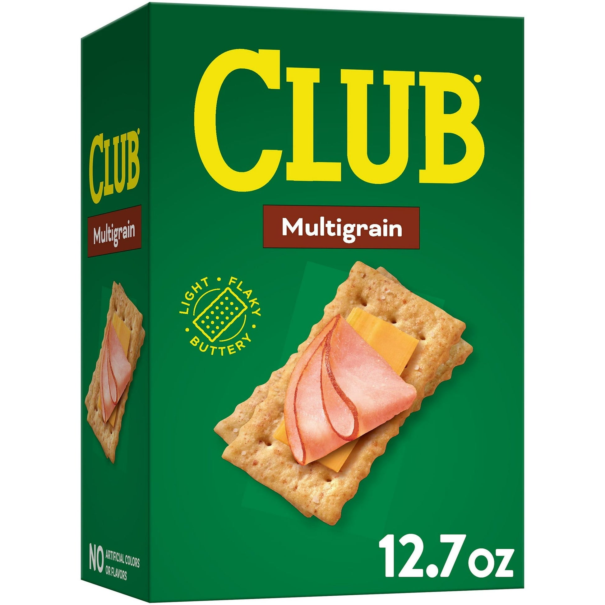 Savor deliciously simple snacking with the light, flaky, buttery taste of Kellogg's Club Multigrain Crackers. Includes 1, 12.7-ounce box of Club Crackers made with no artificial colors or flavors. Enjoy the classic flavor with a hint of salt for a melt-in-your-mouth texture. Great as a stand-alone snack or pair with toppings. An easy win with no cholesterol (0.5g monounsaturated fat, 1.5g polyunsaturated fat) and saturated fat free (2.5g total fat per serving), 0g trans fat); Reach for a box to satisfy snac