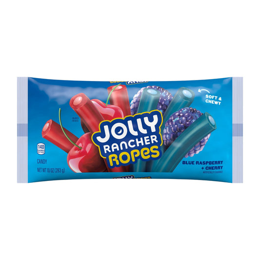 Experience the impossibly fruity flavor of classic JOLLY RANCHER candy – now in an all new chewy treat. JOLLY RANCHER Ropes candies feature a chewy outer layer with a soft filling. Both layers pack a huge blue raspberry or cherry flavor that will take your taste buds by storm. These candies are the perfect balance of soft, chewy and bold, all wrapped up into the longest JOLLY RANCHER treat ever made. Your friends and family will be begging you to share these iconic candies – but don't be afraid to keep a fe