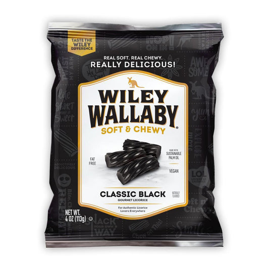 Welcome to the world of Wiley Wallaby Classic Black Licorice, where each bite is a delightful blend of tradition and taste. Available in a convenient 4 oz. bag, this licorice is not just a treat; it's an experience. Crafted to be soft and chewy, it offers a satisfying texture that keeps you coming back for more. Perfectly suited for those seeking a guilt-free indulgence, it's both fat-free and vegan, ensuring everyone can enjoy its rich flavor without compromise. Whether you're a licorice enthusiast or simp