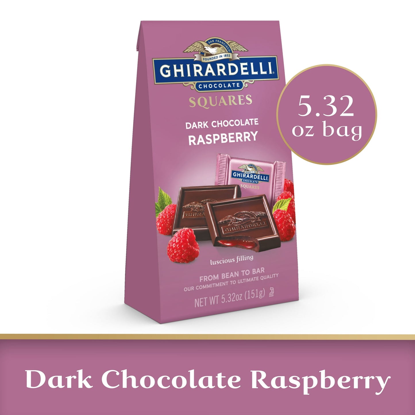 Slow down and savor the rich taste of GHIRARDELLI Dark Chocolate Raspberry squares. The perfect after-dinner treat or special gift, these raspberry chocolate squares make any part of your day more delicious. Each dark chocolate square features delectable, luscious raspberry filling surrounded by rich dark chocolate. These individually wrapped chocolate squares are the perfect personal size indulgence for home, work and on the go. GHIRARDELLI chocolate is crafted with care using high quality ingredients for 