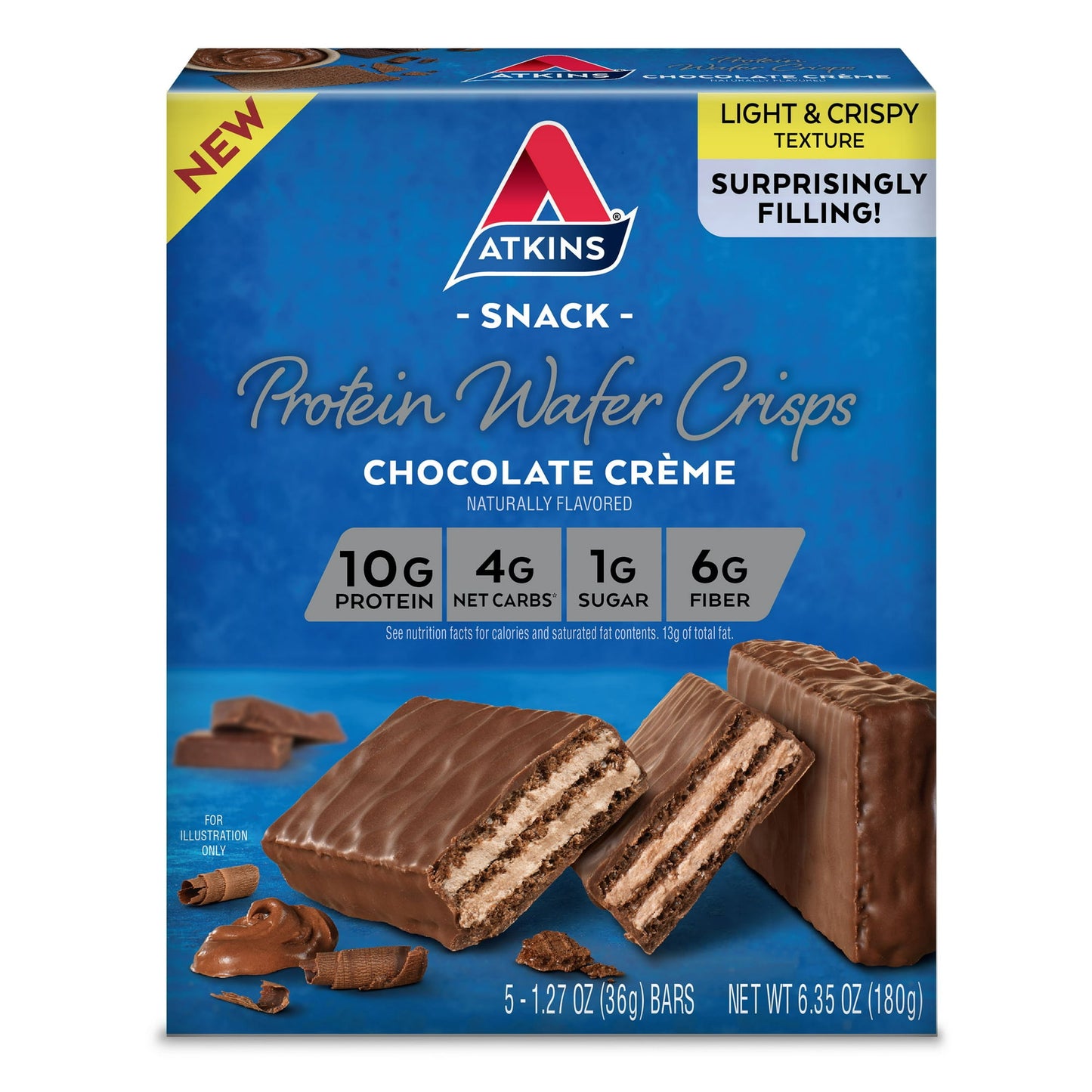 Don't let the 'light & crispy' texture fool you...These new Protein Wafer Crisps are surprisingly filling! Enjoy Atkins Chocolate Creme Protein Wafer Crisps! Each deliciously sweet wafer contains 10g of protein, 4g net carbs, 1g of sugar and 6g of fiber. Atkins Snack Protein Wafer Crisps provide the perfect snack that’s light enough to carry you between meals. The Atkins Diet and Lifestyle is the original leading low-carb plan that provides quick, effective, and balanced weight loss my limiting carbs and su