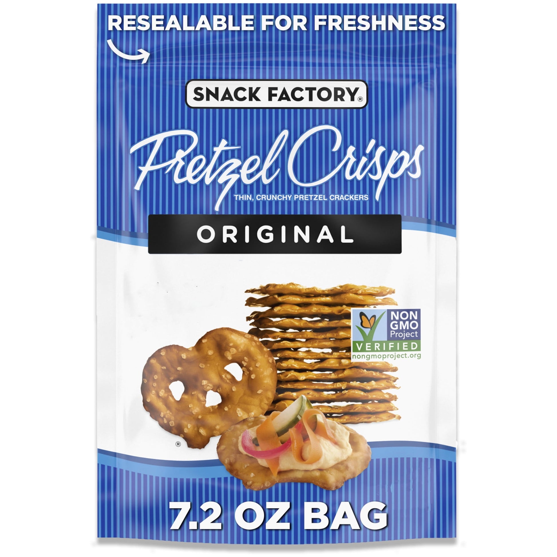 Dip or no dip, Snack Factory Original Pretzel Crisps are flat-out delicious. A modern, gourmet twist on an old favorite, these thin and crunchy pretzel chips give you the best part of traditional pretzels without the doughy center. They’re perfectly salted and baked just right for a hearty, satisfying crunch in a slim, sturdy shape that's dippable, toppable and deliciously snackable. Snack Factory pretzel thins hold up to almost anything, so they pair perfectly with salsa, hummus, cheese or any of your favo