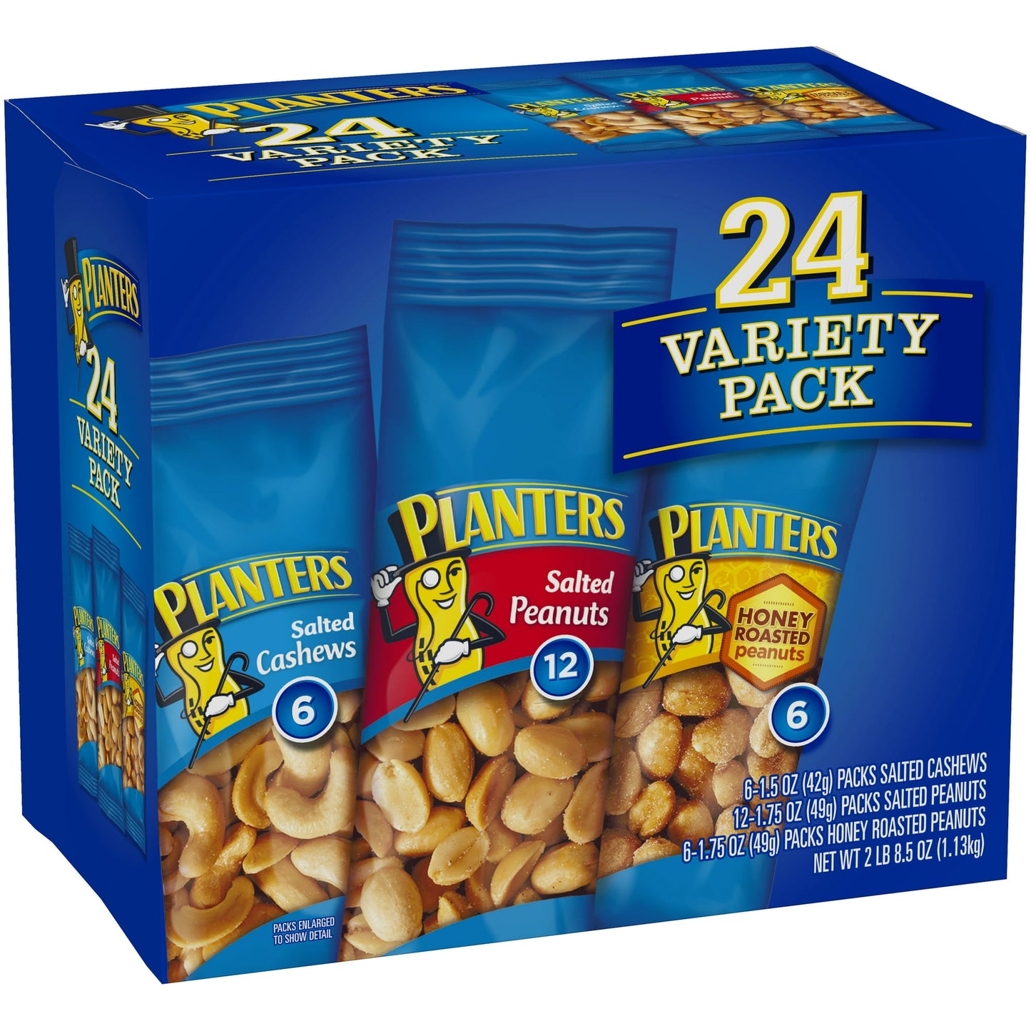 Can’t choose between your favorite Planters snack? This 24 Variety Pack will keep your pantry stocked with all your favorite Planters treats. This variety pack includes a mix of salted cashews, salted peanuts, and honey roasted peanuts. - A source , fiber, magnesium, and healthy fats, this variety pack is perfect for snack emergencies.