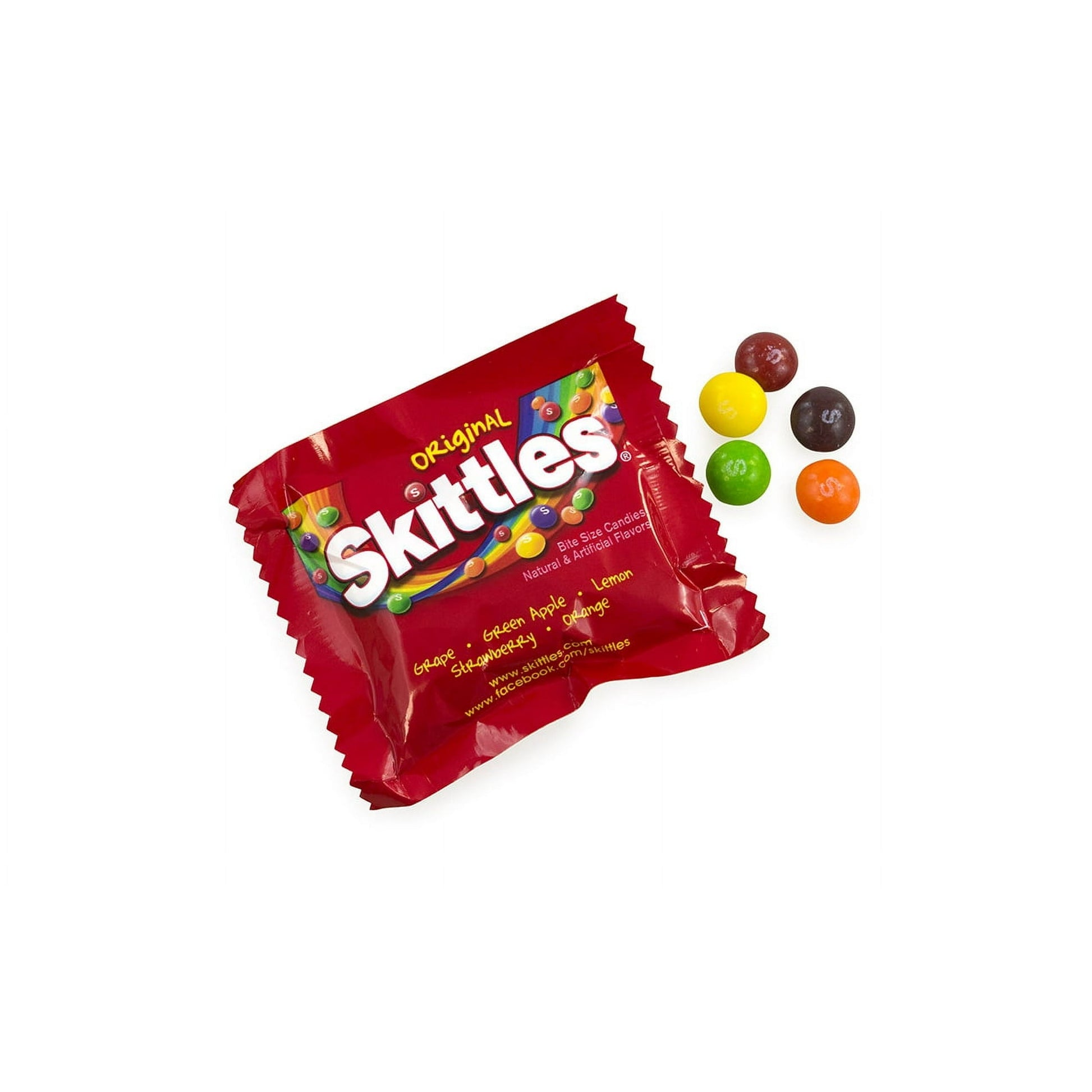 Taste the rainbow with a handful of fresh fruit flavored Skittles. With flavors like Cherry, Grape, Lemon, Orange, and Green Apple these hard-shelled chewy candies will be an instant hit in the office. Plus, with 4 lbs. of Skittles Fun Size Packs, there is plenty to fill the pinata or candy buffet at your next party or celebration. Enjoy an on-the-go sugar rush with convenient Skittles fun Size Packs.