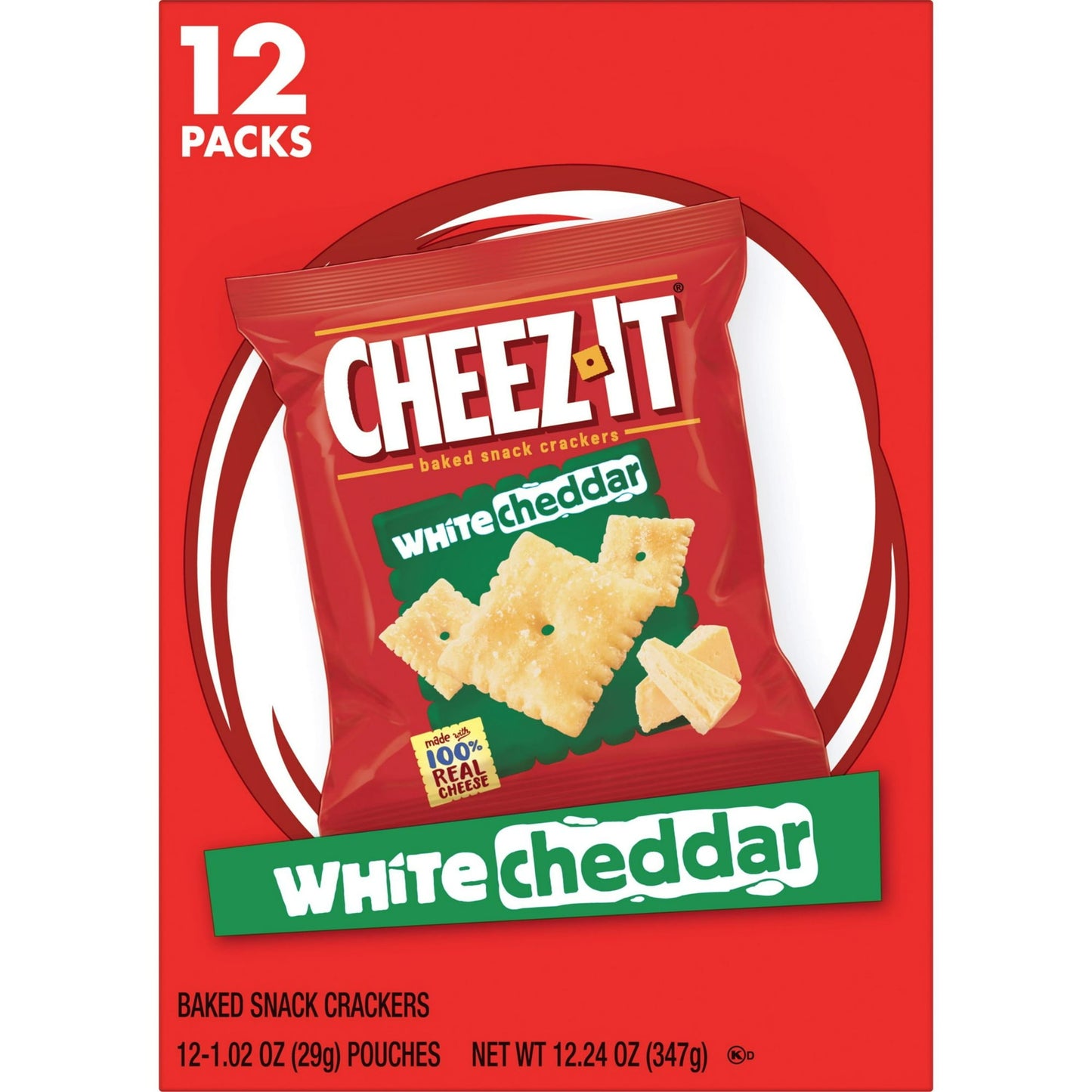 Cheez-It turns up the fun on snack time with deliciously crispy squares made with 100% real cheese in portable pouches. Includes 1, 12.24-ounce caddy containing 12 convenient, individual size pouches of Cheez-It White Cheddar Baked Snack Crackers. Cheez-It bakes cheese into every snack cracker to achieve the perfect melt-in-your-mouth cheesiness and crunch kids and adults crave. Pack travel-ready Cheez-It crackers for school lunch, backpacks, and the office. Grab some to go on family car rides; experience t