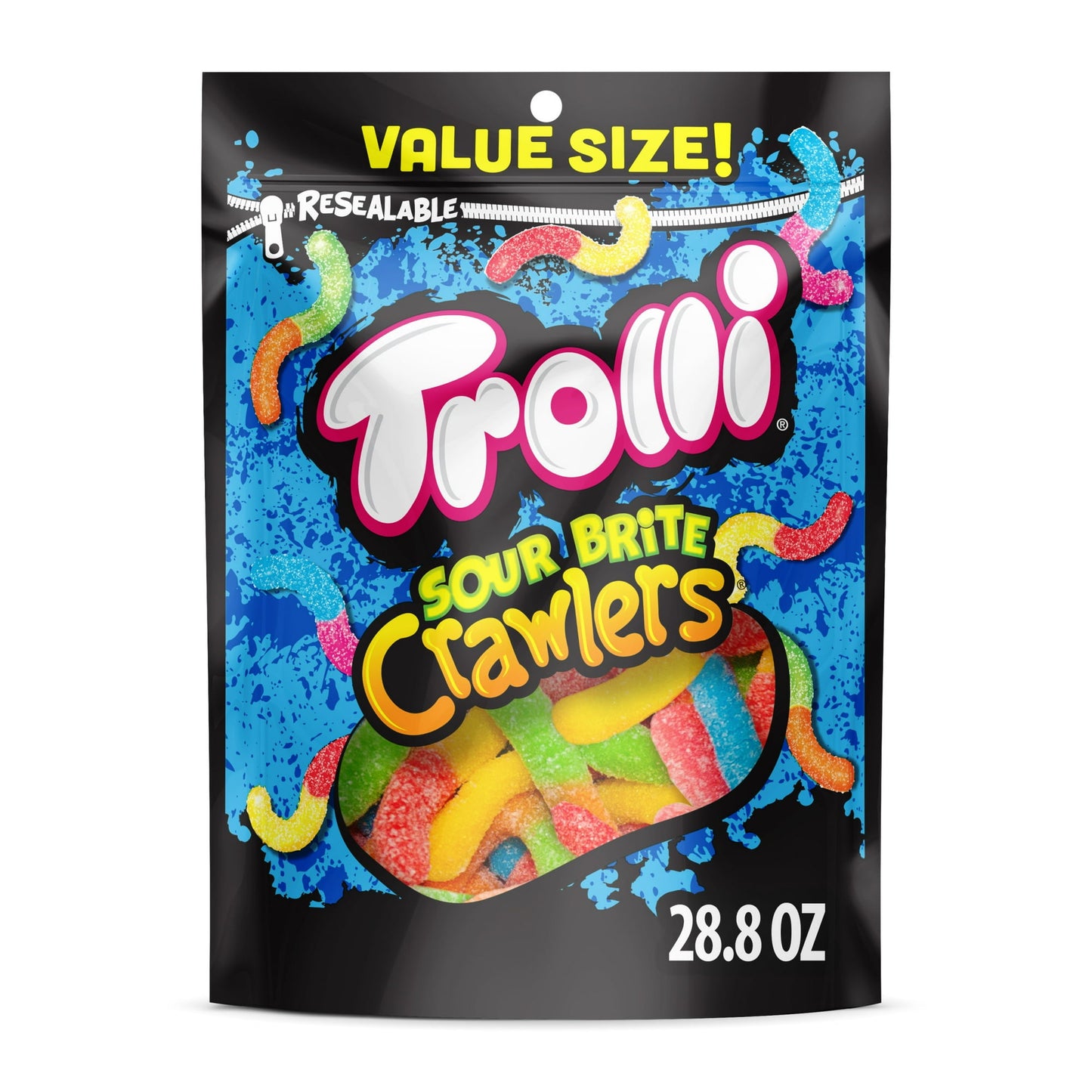 Trolli Sour Brite Crawlers are chewy gummy worms covered in a tongue-twisting sugary goodness, striking the perfect balance of sweet and sour in every bite. The flavors include cherry-lemon, strawberry-grape and orange-lime. Whether you're looking for a snack to satisfy your sweet tooth, or you're in the mood for something sour and tangy, Trolli Sour Brite Crawlers have got you covered. With their bold flavors, soft texture, and colorful design, they are sure to be a hit with anyone who loves gummy candies.