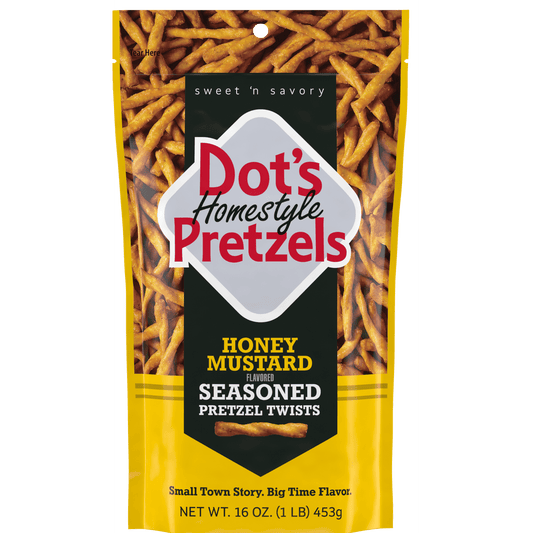 Get ready for the snack adventure of your life! Dot's Honey Mustard Seasoned Pretzel Twists are braided and dusted with Dot's Honey Mustard seasoning blend. Each pretzel twist envelopes your taste buds in a delightful swirl of sweet and salty tang. The 16-ounce family-size bag is perfect for adding to your back to school snack essentials, sharing with a friend, or enjoying on your own by the handful. Dot's Pretzels are completely fish-free, providing a safe and flavorful snack option for those with seafood 