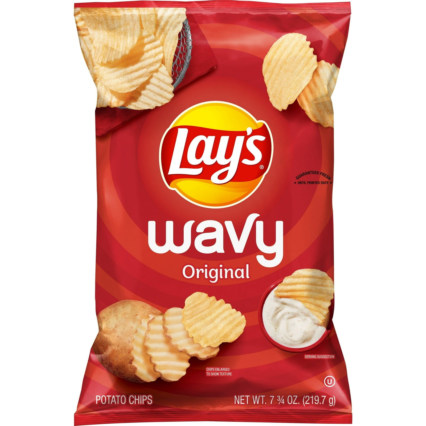 Wavy Lay's potato chips have all the crispy, fresh taste made famous by Lay's potato chips, with a Wavy crunch all their own. They feature delicate and crispy ridges, making them ideal for dipping. Wavy Lay's Original potato chips are made with only three ingredients: potatoes, vegetable oil and salt. As a result, the classic, savory potato chip flavor shines through and highlights the flavor of dips. Perfect at parties, Wavy Lay's chips are great for dipping; or enjoyed on their own ! scoop up some chips a