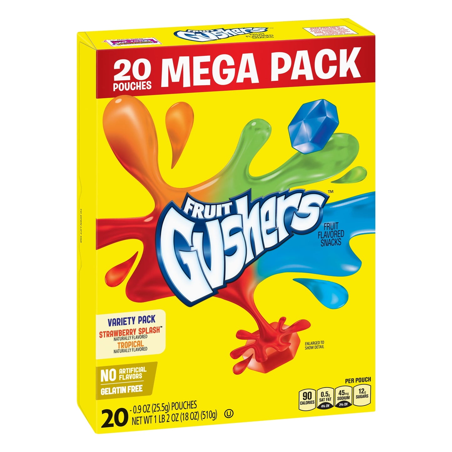 Make snack time more exciting with these Fruit Snacks Gushers. They contain no artificial flavors, making them a fun choice for kids and adults alike. With only 90 calories and 0.5g of saturated fats per serving, these Gushers are ideal for many diets. Each one has a gummy texture with a liquid center that bursts, making them fun to eat. These snacks are made with real fruit juice for an enjoyable fruity flavor. They come in strawberry and tropical flavors. This fruit Gushers variety pack is ideal for kid's