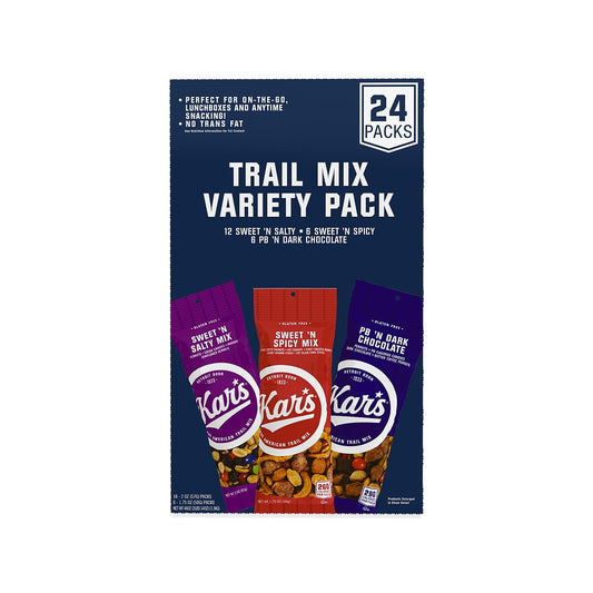 Satisfy every craving with the Kars nut trail mix variety pack that includes 12 Sweet 'N Salty, eight Peanut Butter 'N Dark Chocolate, and four Sweet 'N Spicy individually wrapped trail mix bags. These three flavors provide mixes that appeal to healthier choices, indulgent cravings, and energy boosts. • Fuel the team with three nut trail mix flavors in grab-and-go bags. • Gluten-free, kosher. • 24 bags per box. • Net weight: 46 oz. • Contains milk, peanuts, sesame, and soy. • Individually wrapped for conven