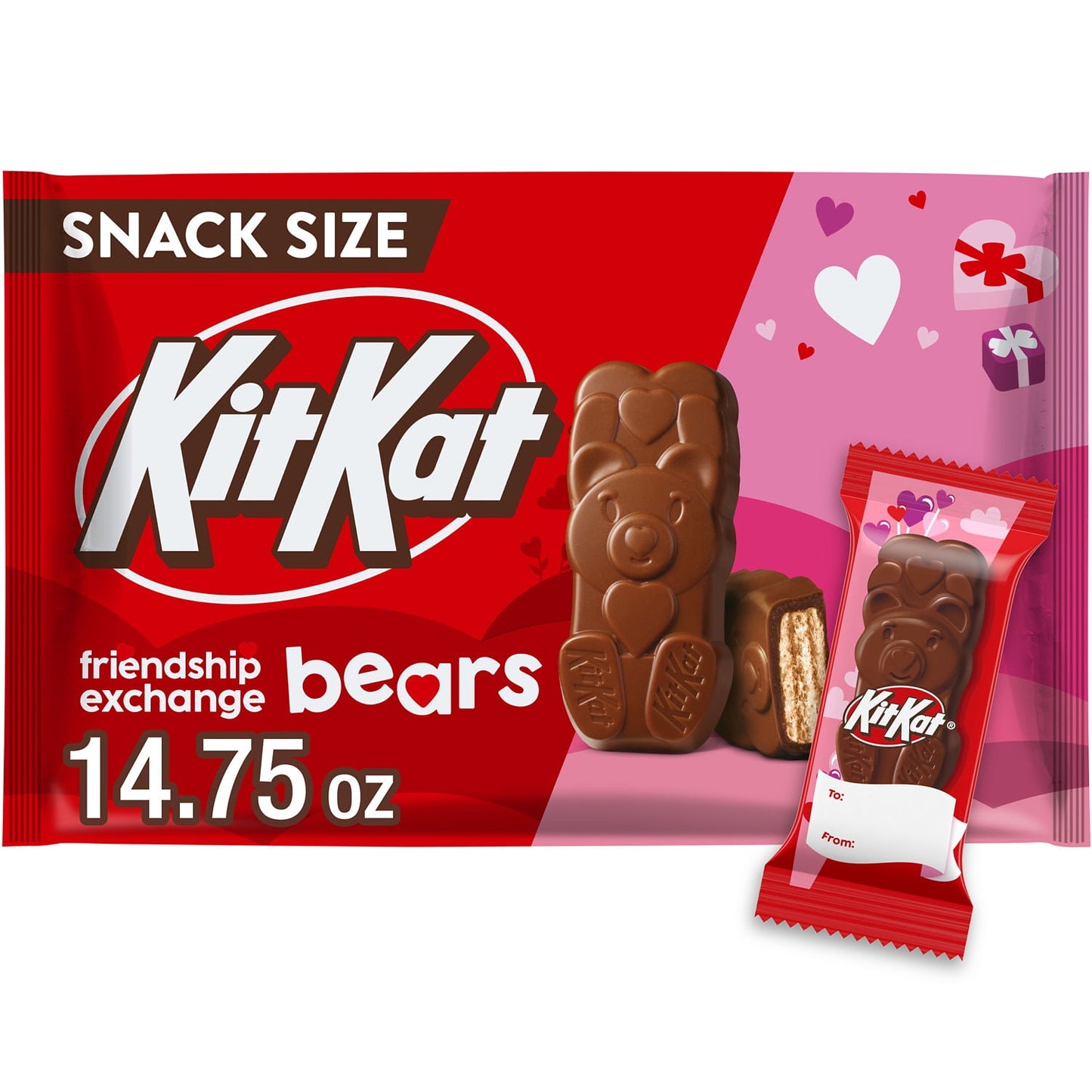 Ready for a classic everyone hopes to find in the candy dish? These snack size KIT KAT Milk Chocolate Wafer Bears candies are individually wrapped for optimal convenience, easy sharing and lasting freshness. Whether you gift them to friends, pass them out at the office party or hold onto them for snacking moments, you can expect a delicious treat in the perfect on-the-go size. Throw a few in your lunch box to treat yourself to a sweet dessert or stock your home and office candy bowls with an easy snacking c