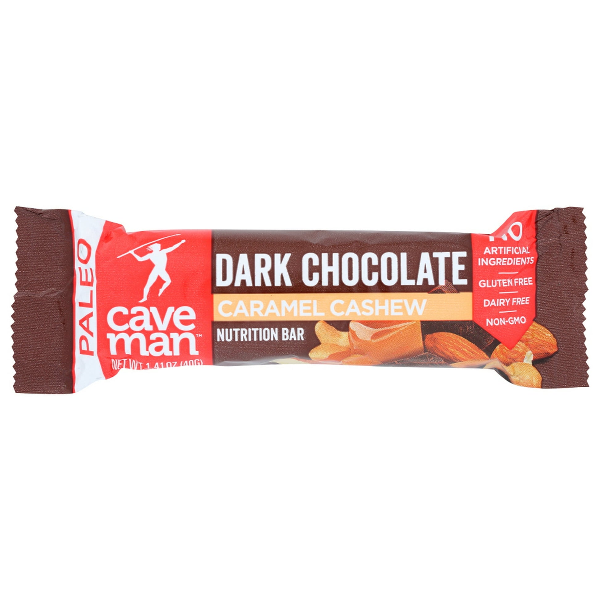 CAVE MAN DARK CHOCOLATE CARAMEL CASHEW BAR LETS YOU INDULGE YOUR SNACK CRAVINGS WHILE CONSUMING HEALTHY, NATURAL FOODS. WE MAKE THIS SNACK BAR FROM ALL-NATURAL INGREDIENTS, INCLUDING CASHEWS, ALMONDS, DARK CHOCOLATE AND SUPERFOODS SUCH AS CHIA SEEDS AND FLAX SEEDS. THIS GLUTEN- AND SOY-FREE TREAT COMES IN A 1.4 OZ. PACKAGE THAT PROVIDES A SINGLE SERVING CONTAINING 210 CALORIES. IT'S THE PERFECT SNACK FOR A LACTOSE-FREE PALEO EATING REGIMEN.