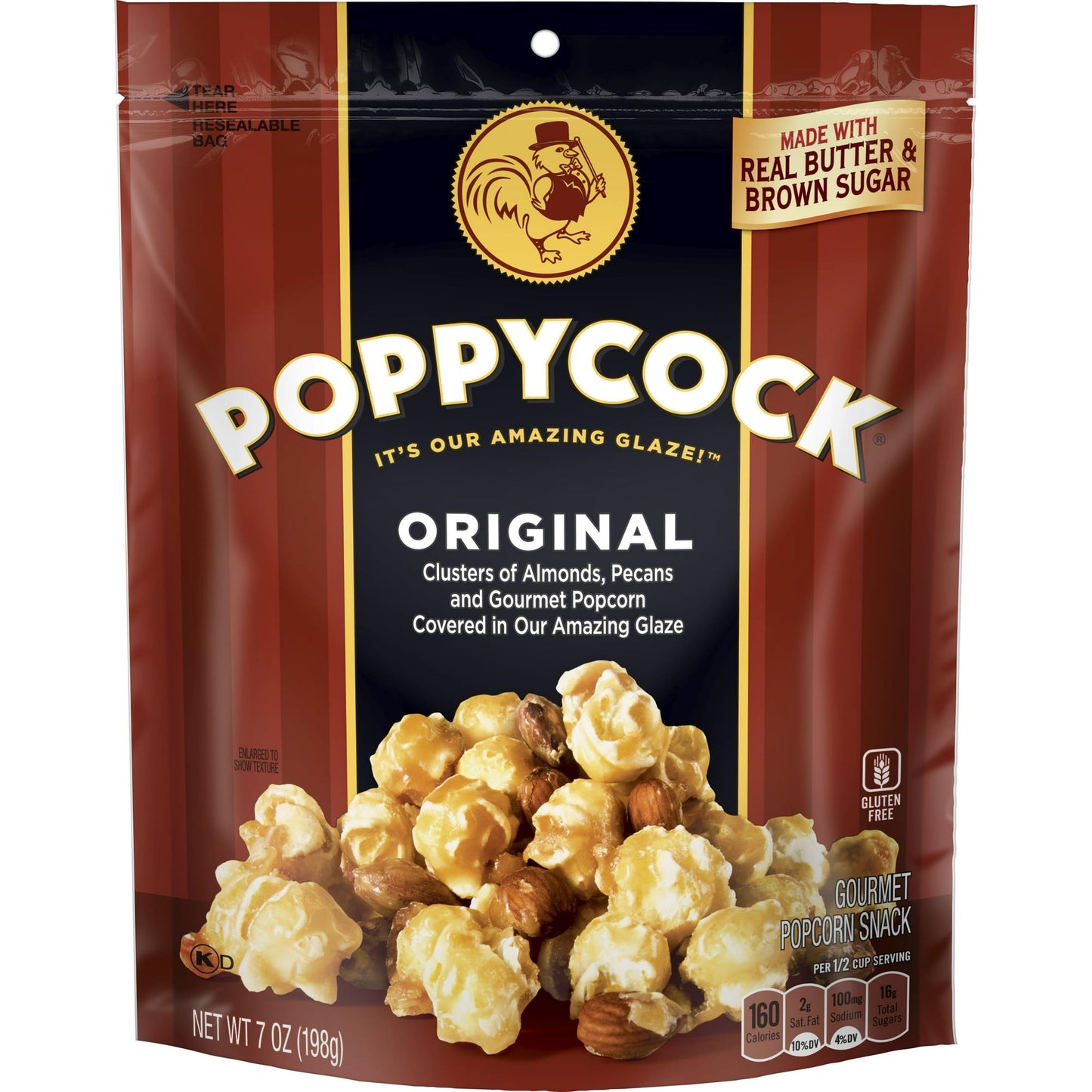 A scrumptious blend of light, fluffy popcorn and premium whole nuts tossed in a sweet and crunchy brown sugar glaze, Orville Redenbacher’s Original Poppycock is made to satisfy sweet and salty cravings. It’s a gourmet popcorn that’s the perfectly indulgent gluten free snack for any popcorn lover. Crafted from natural ingredients like crunchy roasted almonds and savory pecans coated in our amazing glaze that’s made with real butter, it’s a delicious snack you can treat your taste buds to every day.