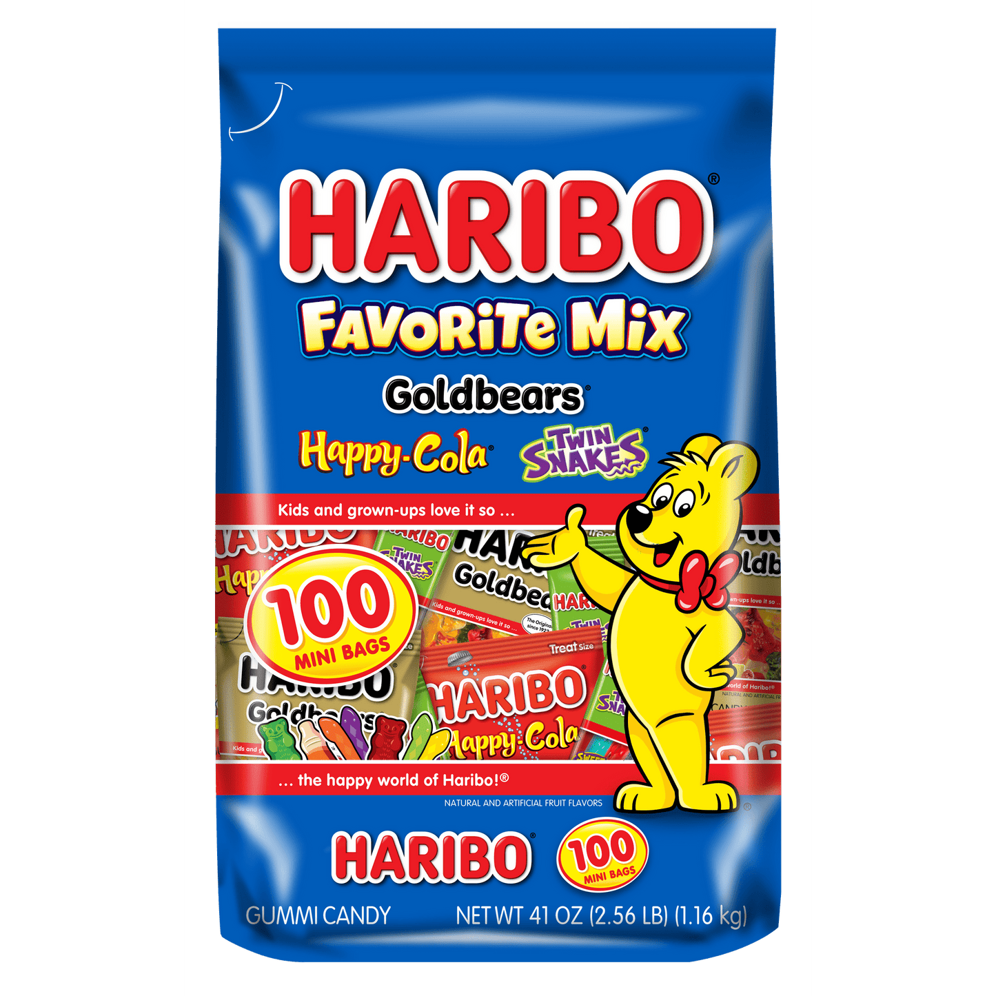 HARIBO Favorite Mix 100ct Gummy Candy, Thin, Pack of 1, 41.9 oz Stand-up Bag, say hello to HARIBO’s Favorite Mix! This bag includes approximately 100 treat-sized bags of your everyday favorite gummy candies: HARIBO GOLDBEARS, Twin Snakes & Happy Cola. 100 individually wrapped treat size mini bags of your HARIBO Favorites. A fat free candy. Kids and grown-ups love it so, the happy world of HARIBO