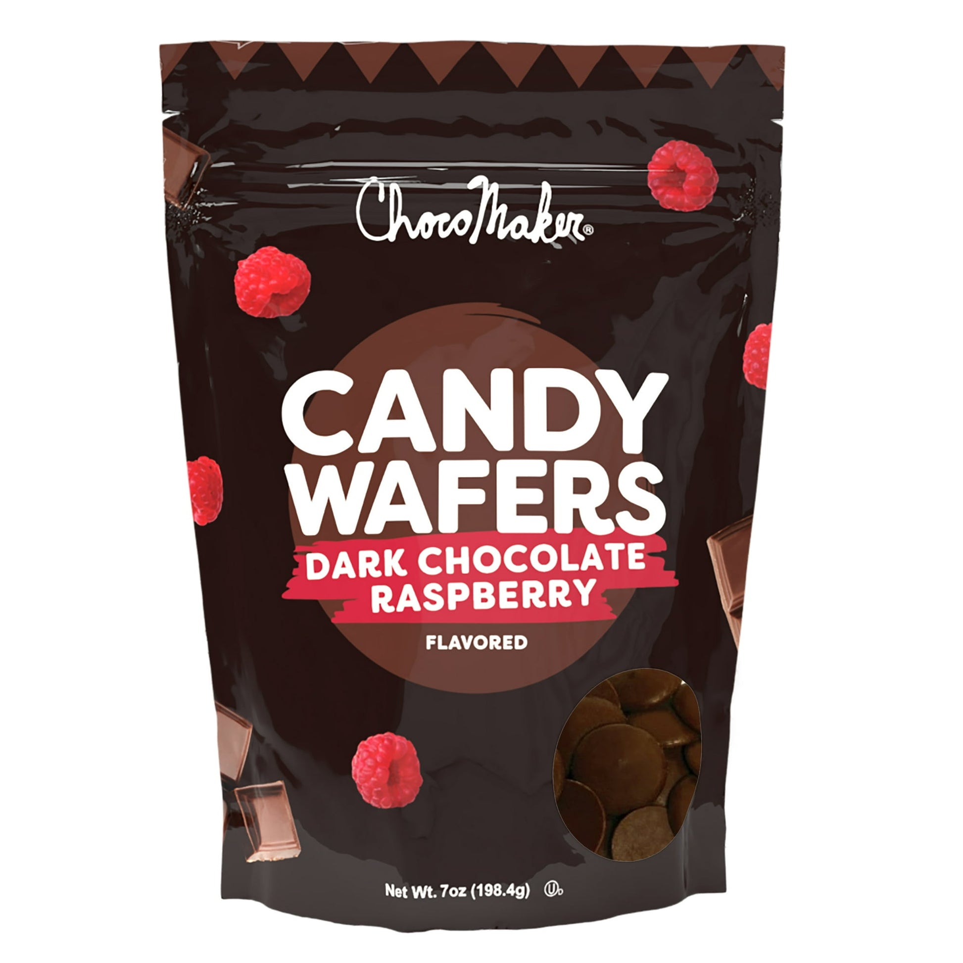 Introducing ChocoMaker Dark Chocolate Raspberry Flavored Candy Wafers, a delightful treat in a 7oz package. These wafers are a chocolate lover's dream, blending rich dark chocolate with the tart sweetness of ripe raspberries, creating a harmonious flavor. Perfect for dipping, drizzling, or crafting new custom chocolates, they melt easily for effortless dessert enhancements. Elevate your sweets with the irresistible taste of ChocoMaker Dark Chocolate Raspberry Flavored Candy Wafers today! Gluten free. Contai